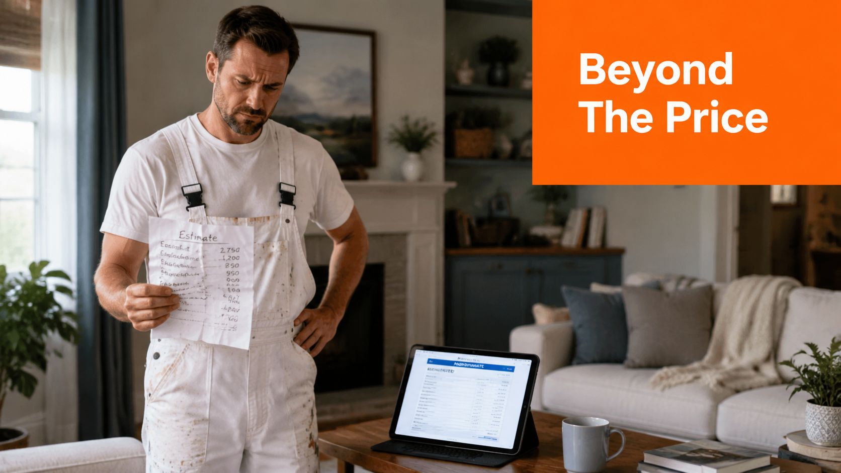 A painter holding a hand-written price estimate with a digital template on a tablet in the background.