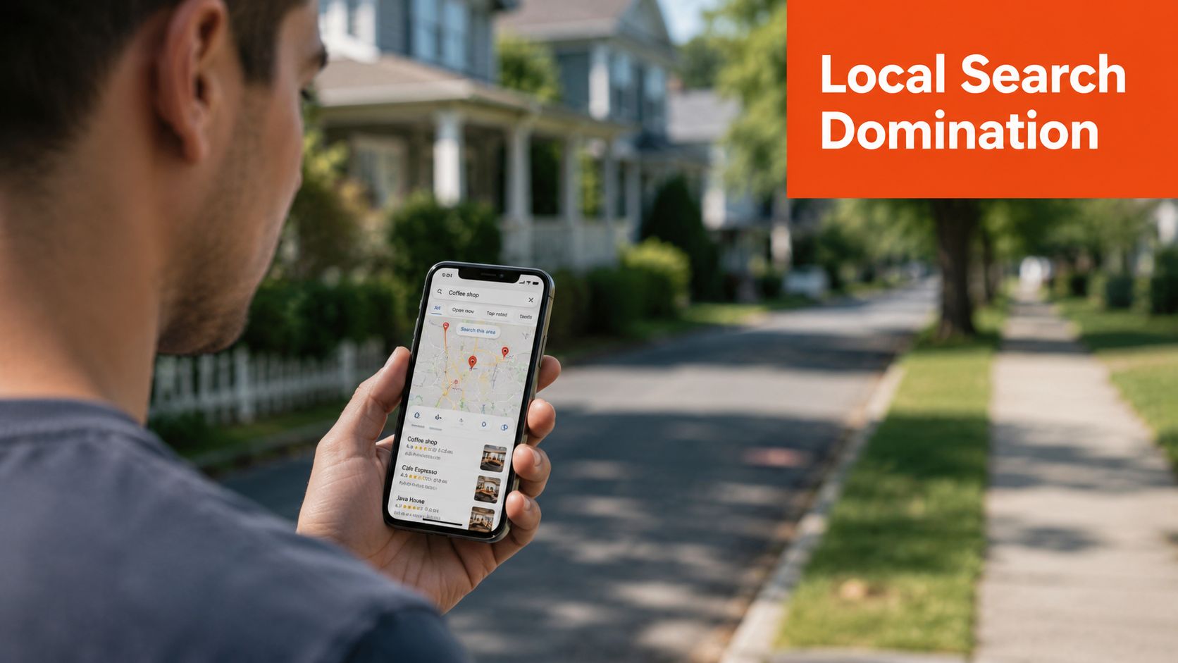 A person holding a smartphone showing a local map search application while walking outdoors on a street.