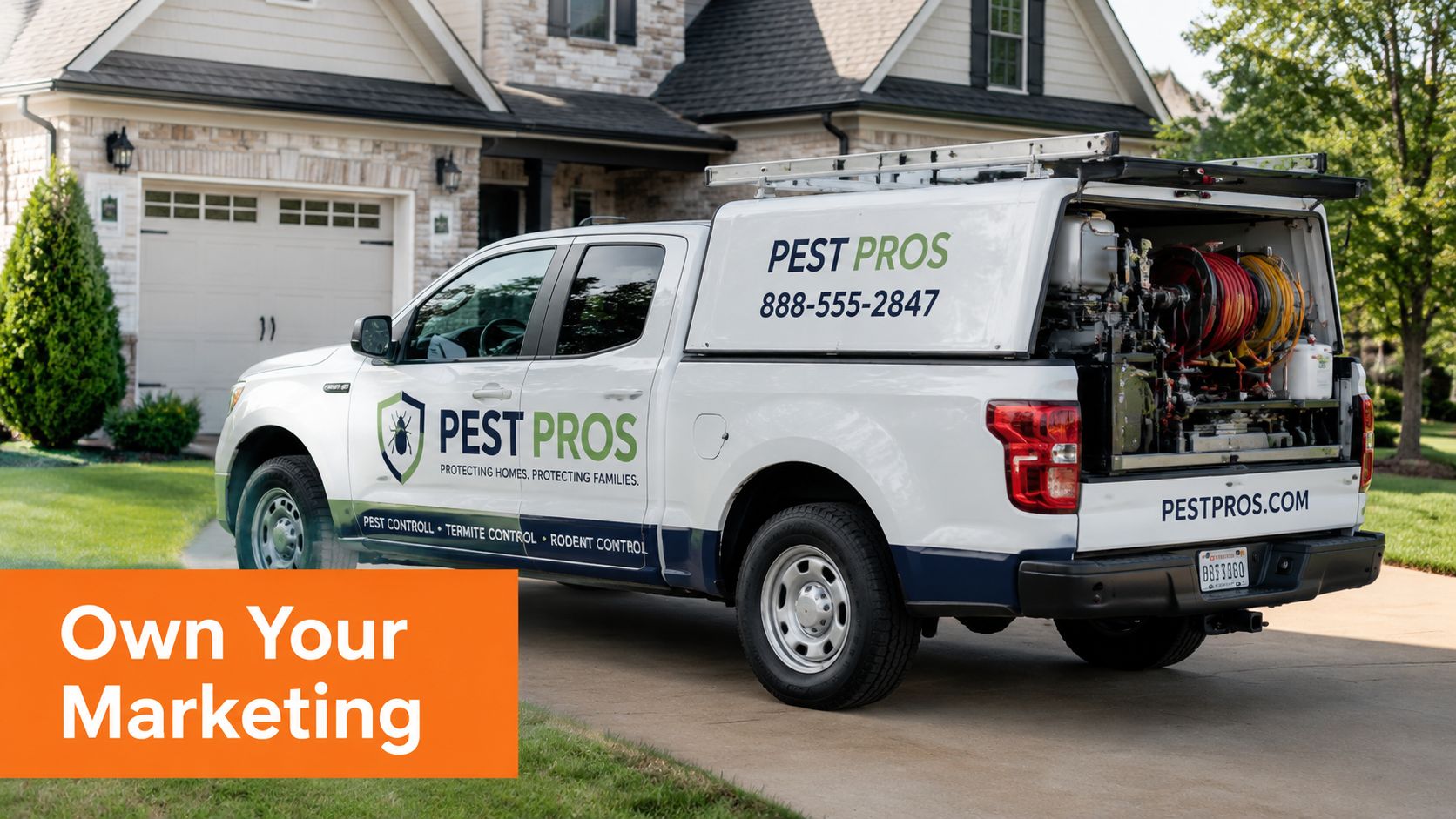 A professional white Pest Pros work truck parked in a residential driveway for home pest control services.