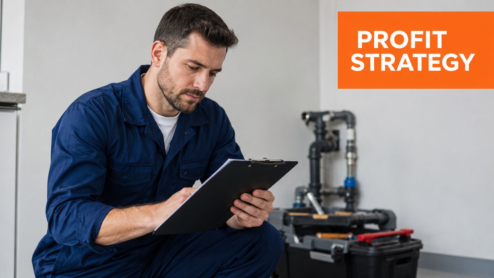 A professional plumber in a blue uniform inspecting paperwork with a toolbox and pipes in the background.