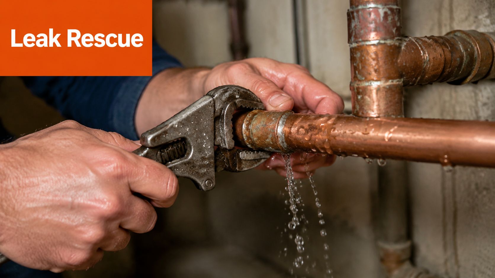 A close-up view of a plumber repairing a leaking copper pipe joint with a wrench.