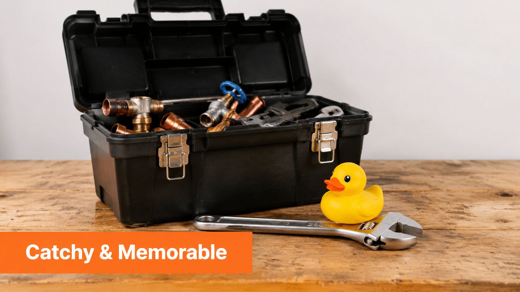 A black plastic toolbox filled with plumbing supplies, a wrench, and a yellow rubber duck nearby.