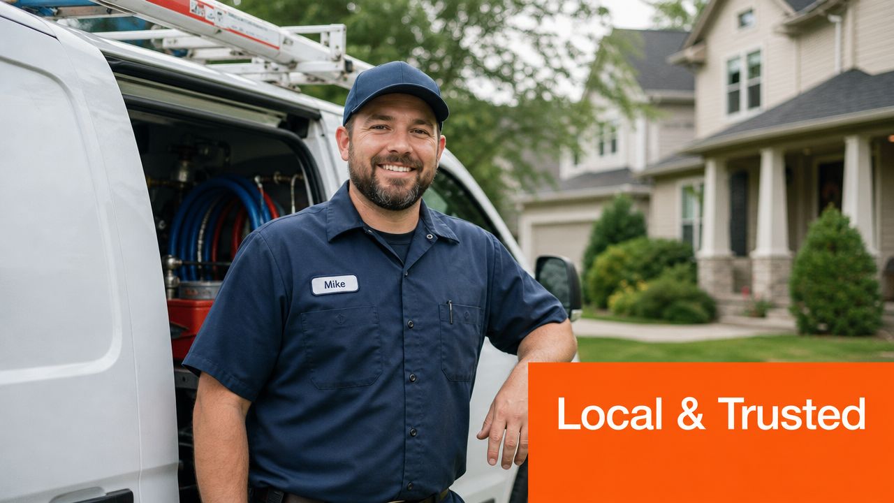 A friendly professional plumber named Mike smiling in front of his white service van parked outside a home.