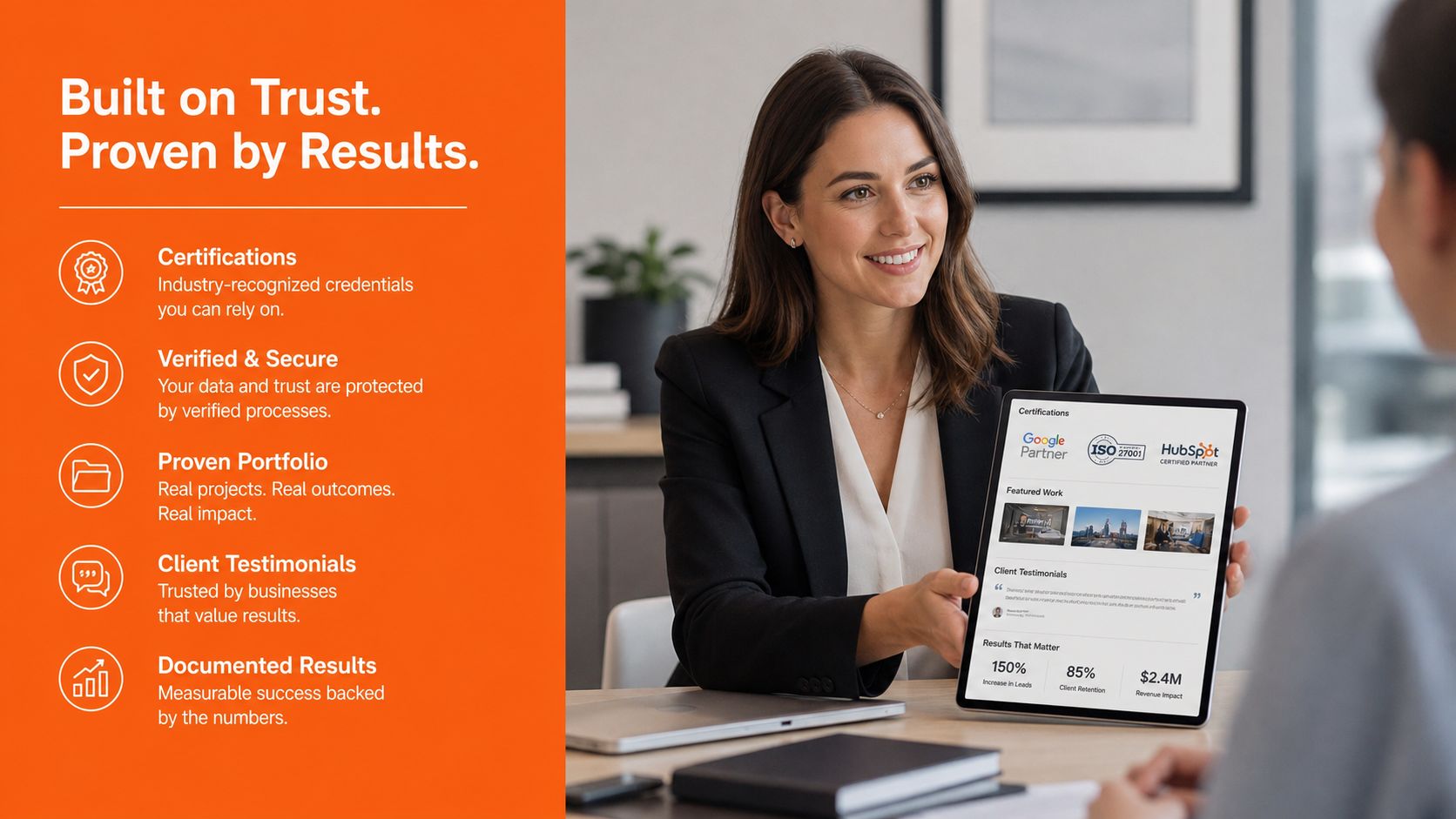 A professional woman showcasing a tablet displaying business certifications and success metrics to a colleague.