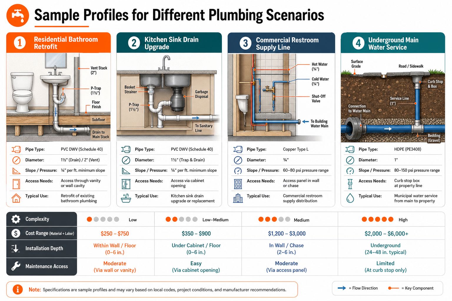 An infographic detailing four different plumbing scenarios, including residential bathroom, kitchen drain, commercial supply, and underground water mains.