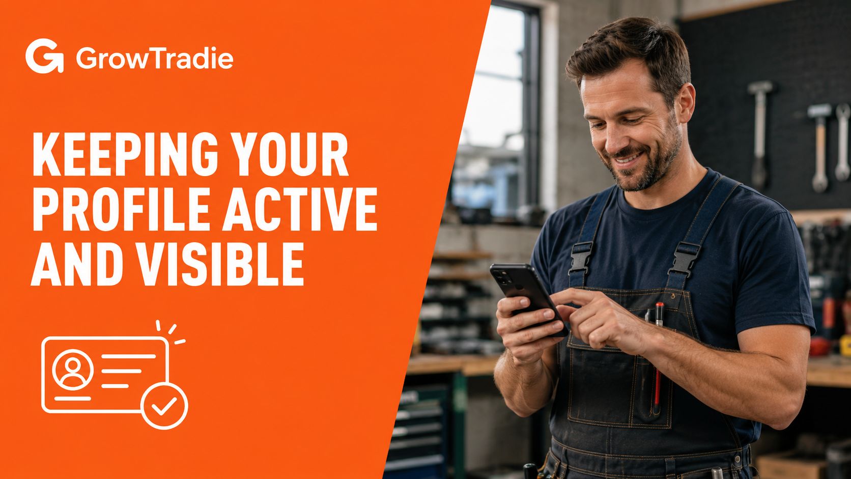 A professional tradesman in a workshop smiling while checking his mobile phone with a digital profile icon.