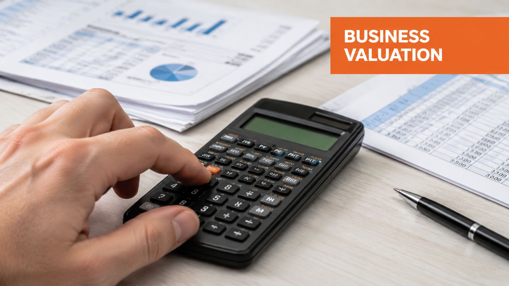 A person using a calculator on a desk filled with financial documents and a pen