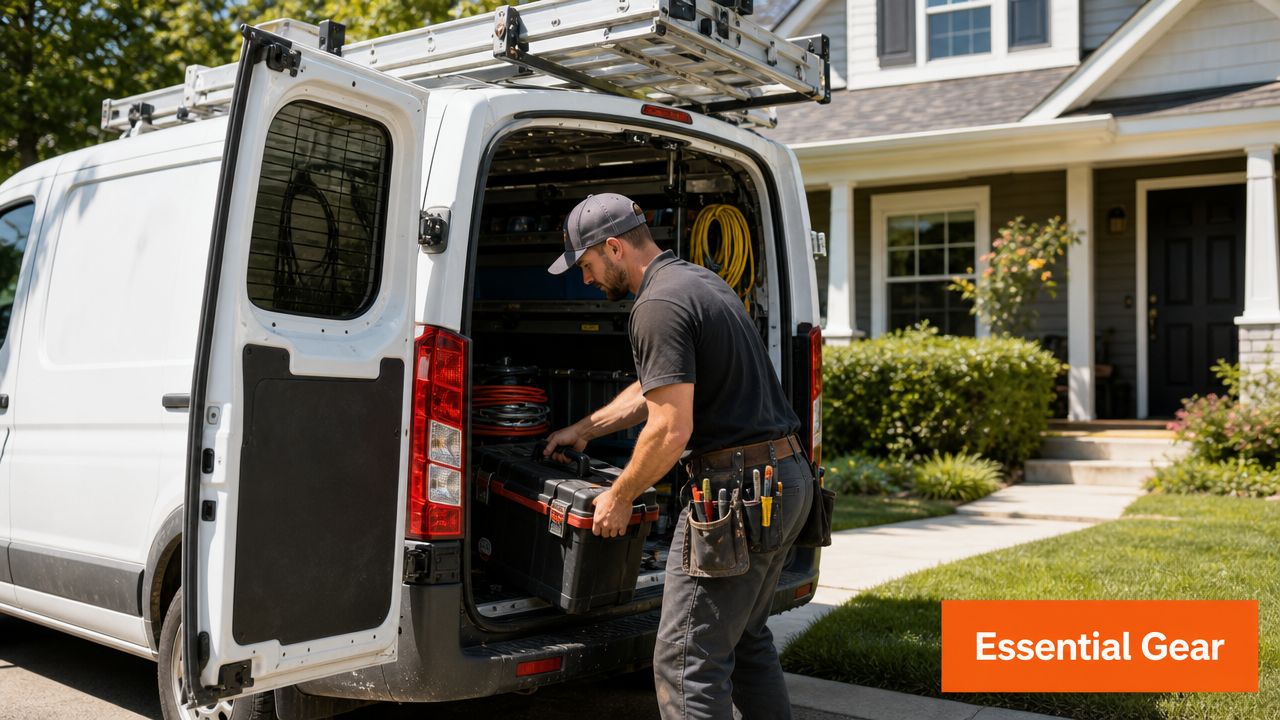 A professional electrician in a uniform retrieving a heavy tool box from his organized work van.
