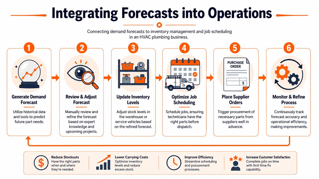 A six-step infographic demonstrating the process of integrating demand forecasts into HVAC plumbing business operations.