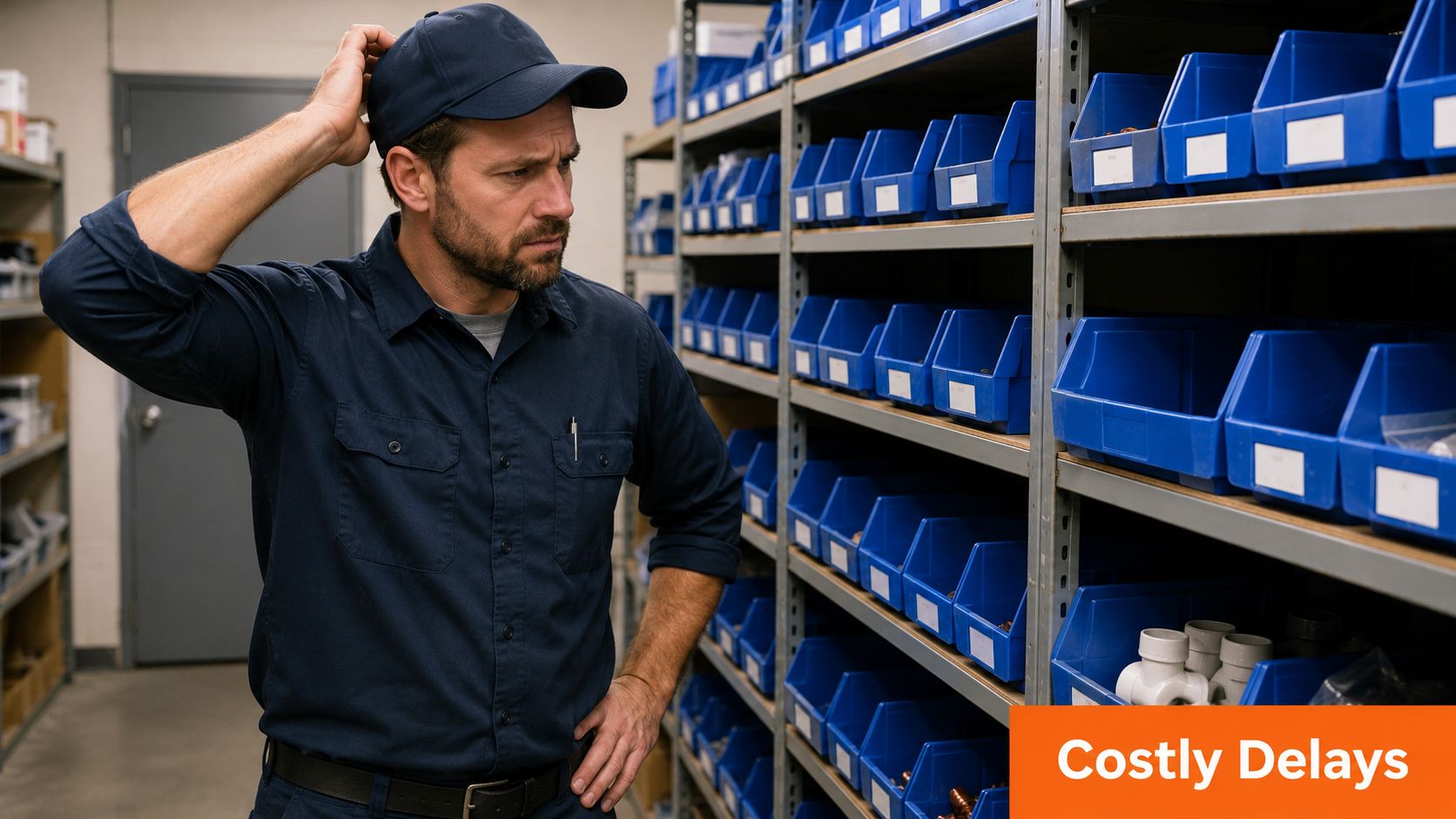 A confused worker standing in a warehouse storage area, looking at empty shelves while thinking about inventory.