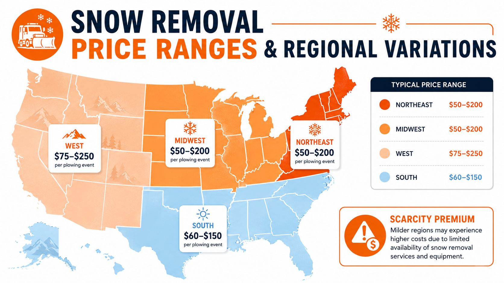 A map of the United States showing snow removal cost ranges across different geographical regions.