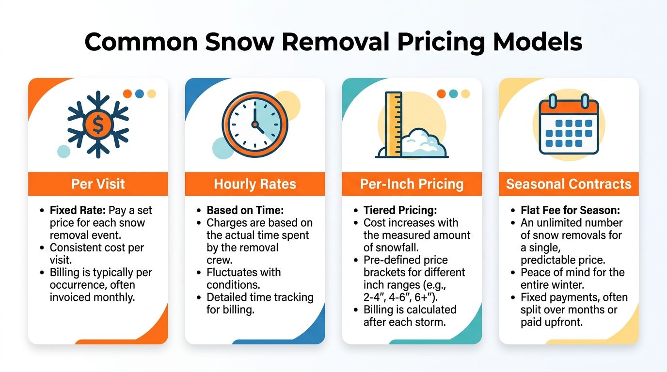 A chart showing four common snow removal pricing models: per visit, hourly, per inch, and seasonal contracts.