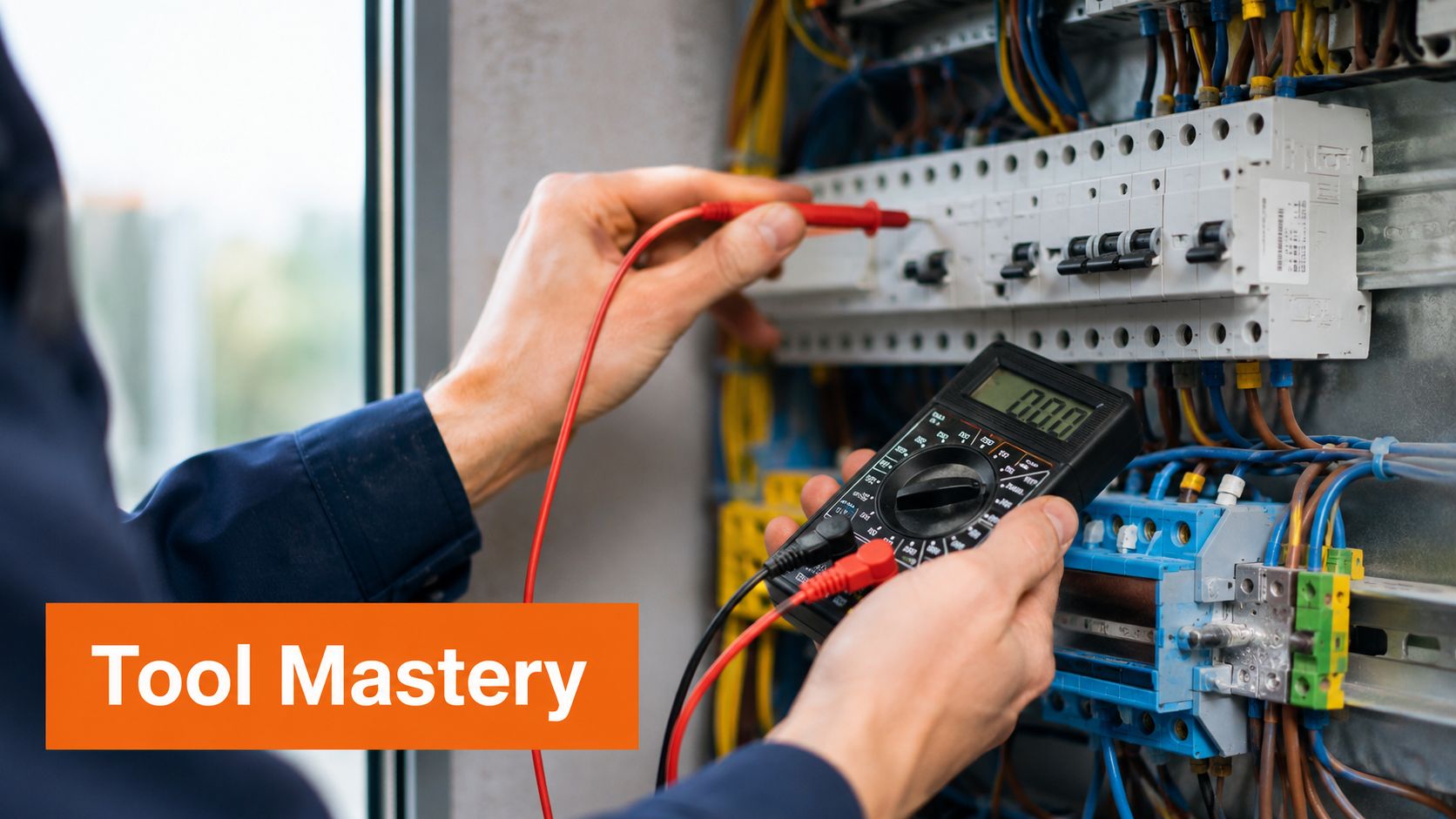 An electrician using a digital multimeter to test electrical circuits within a professional switchboard power distribution panel.