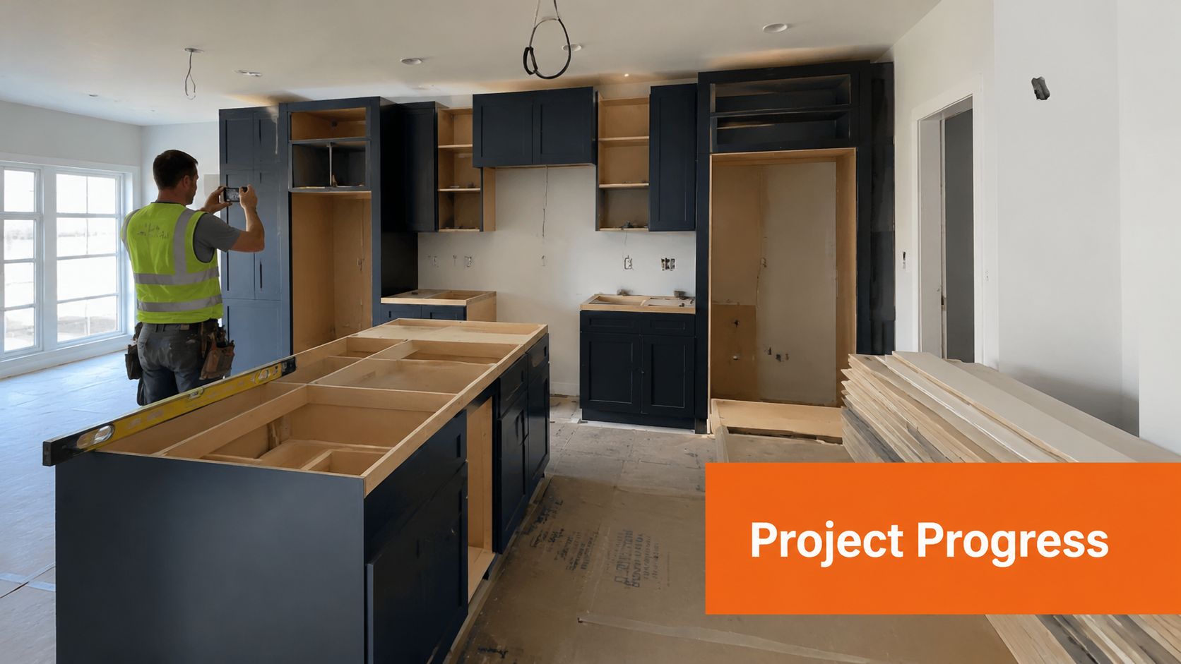 A construction worker in a high-visibility vest takes a photo of an unfinished kitchen renovation.