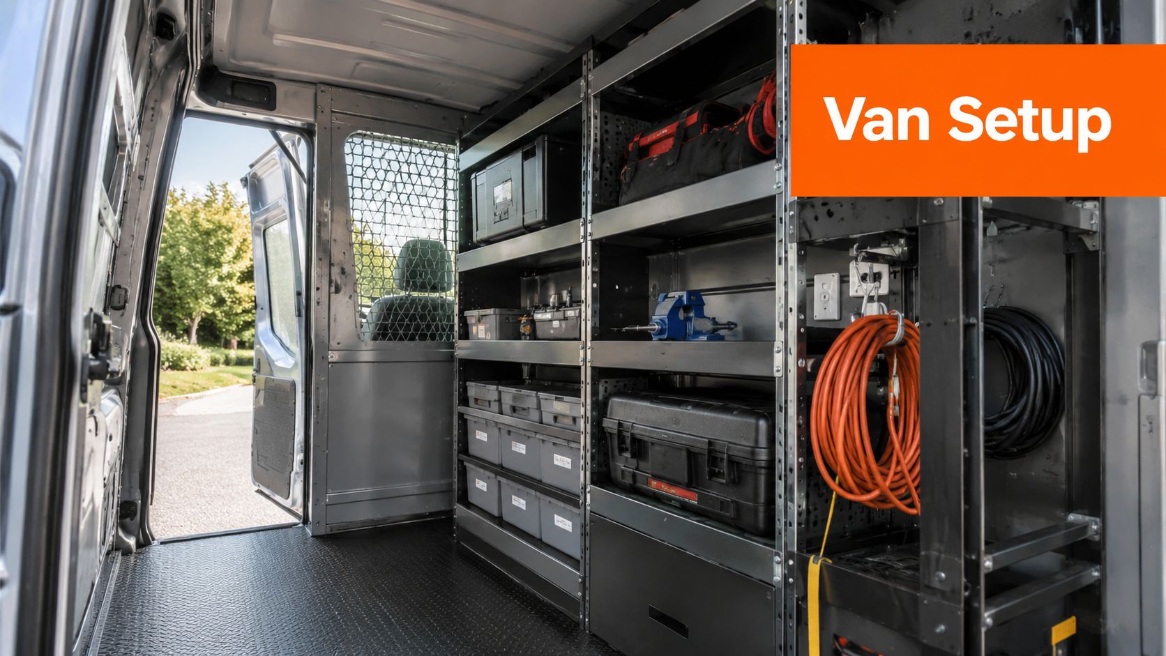 The interior of a work van featuring professional metal shelving units filled with tool cases and equipment.