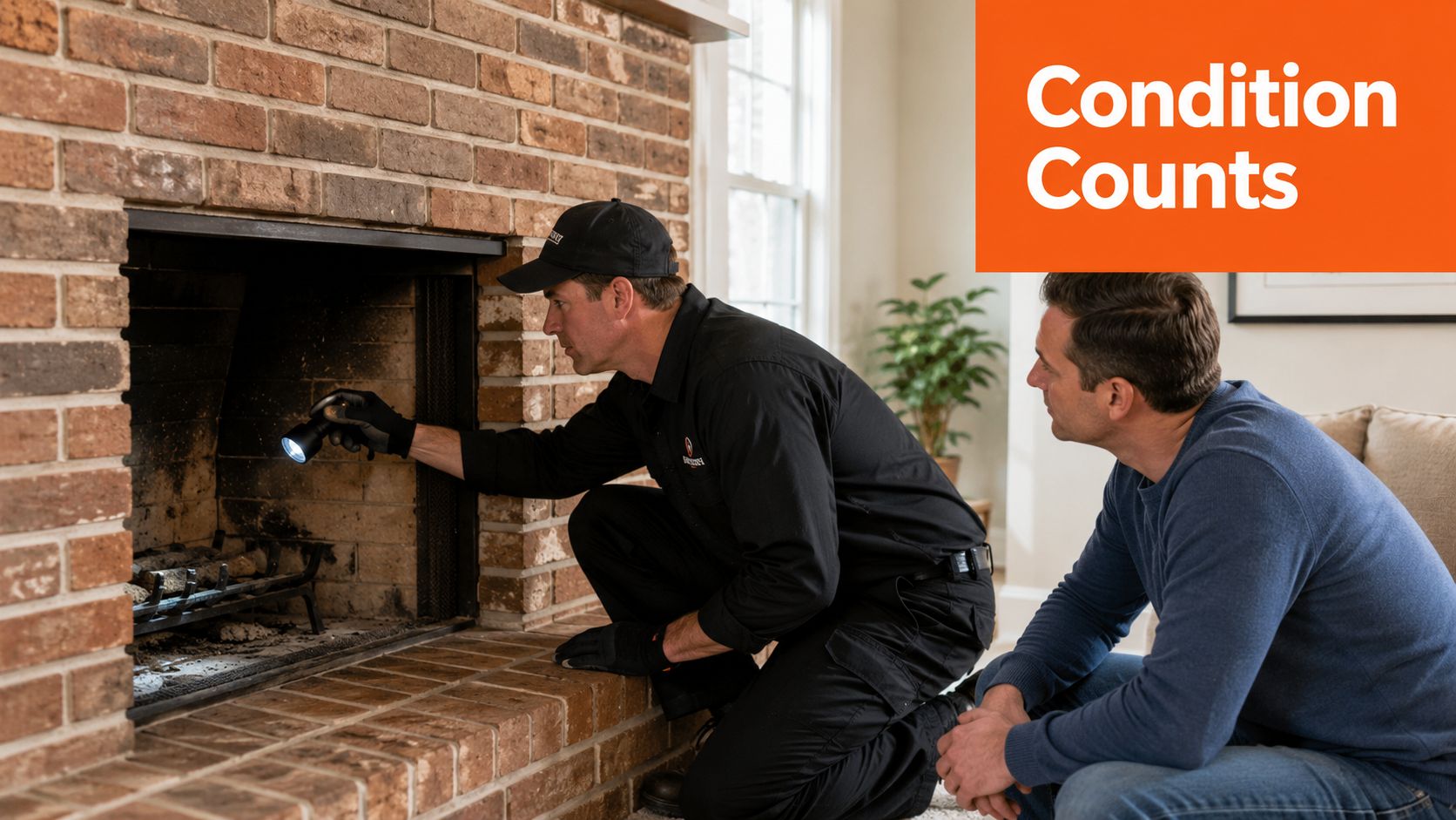 A professional chimney sweep inspecting a fireplace while a homeowner observes the process closely.