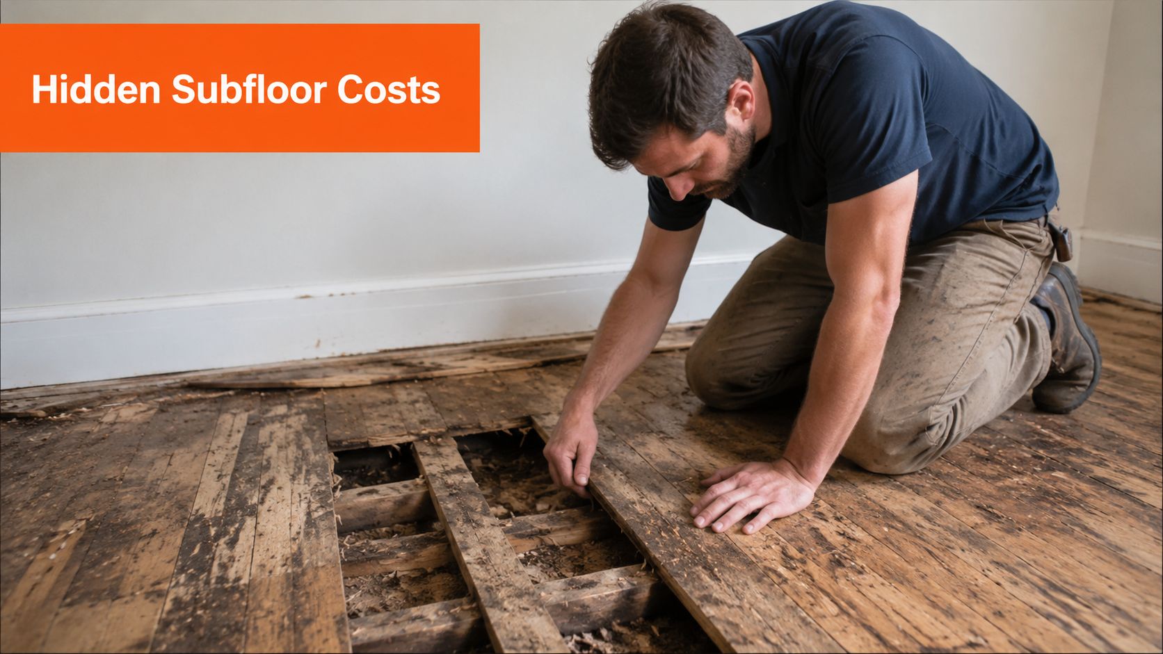 A professional tradesman inspecting damaged wooden flooring and subflooring during a residential home renovation project.