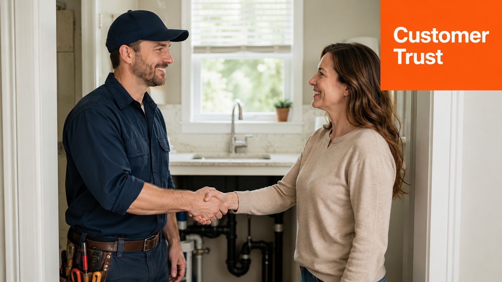 A friendly plumbing contractor shakes hands with a satisfied female homeowner in a bright residential kitchen.