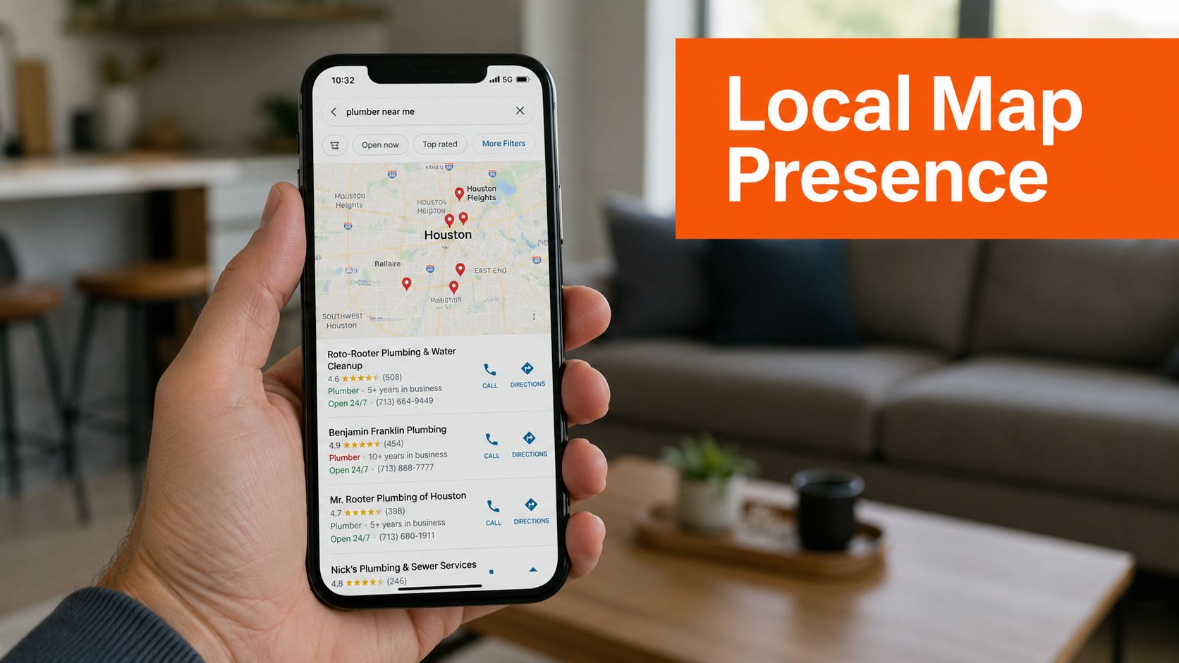 A hand holding a smartphone displaying local plumber search results on a map interface in Houston.