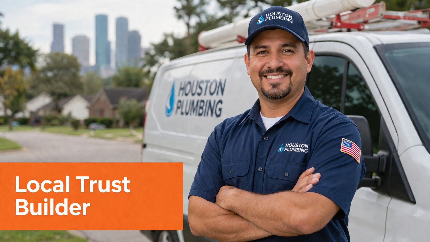 A professional Houston plumber smiling confidently while standing in front of his branded service van.