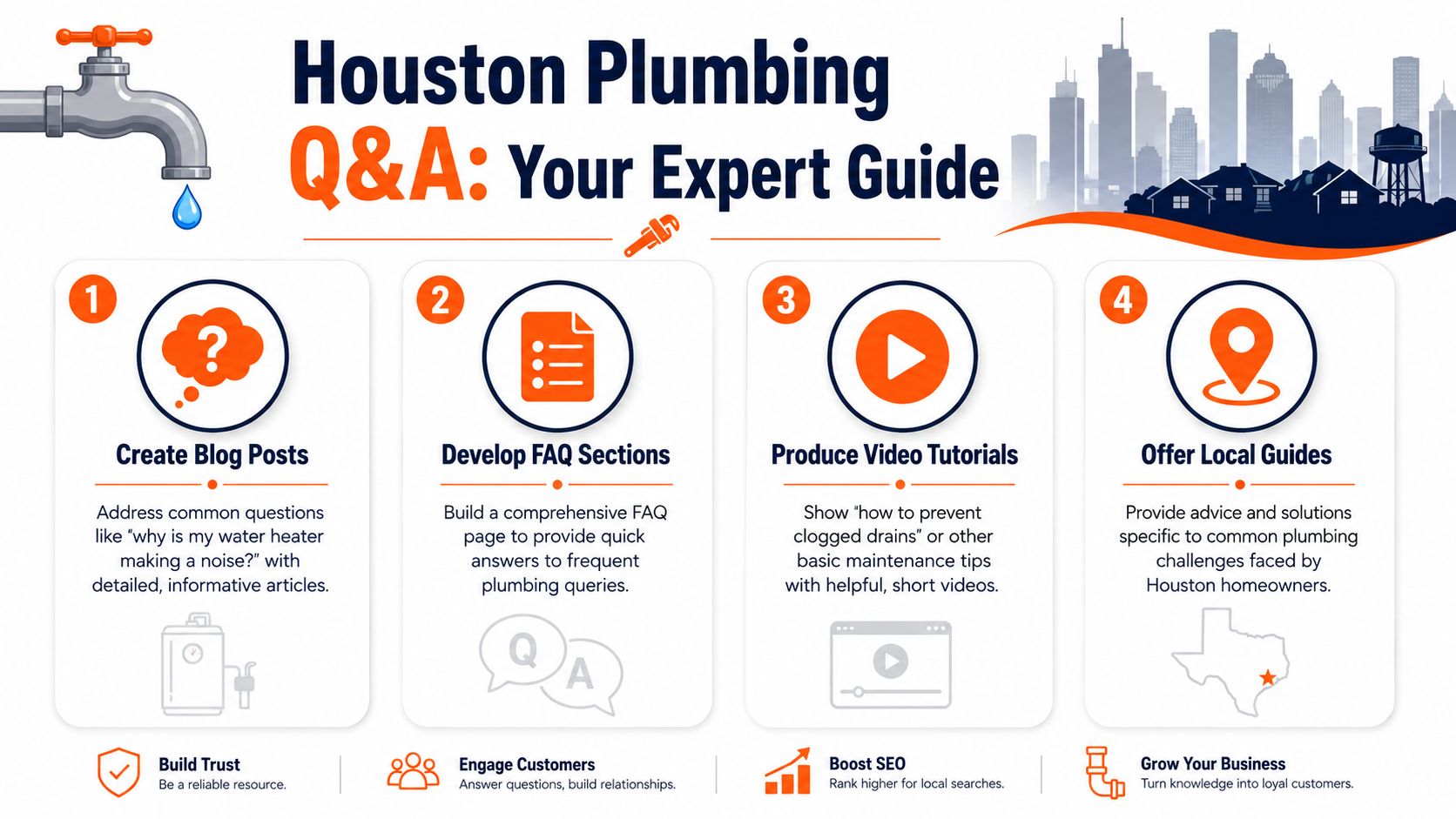 An infographic detailing four strategic steps to improve SEO for Houston plumbing businesses through content creation.