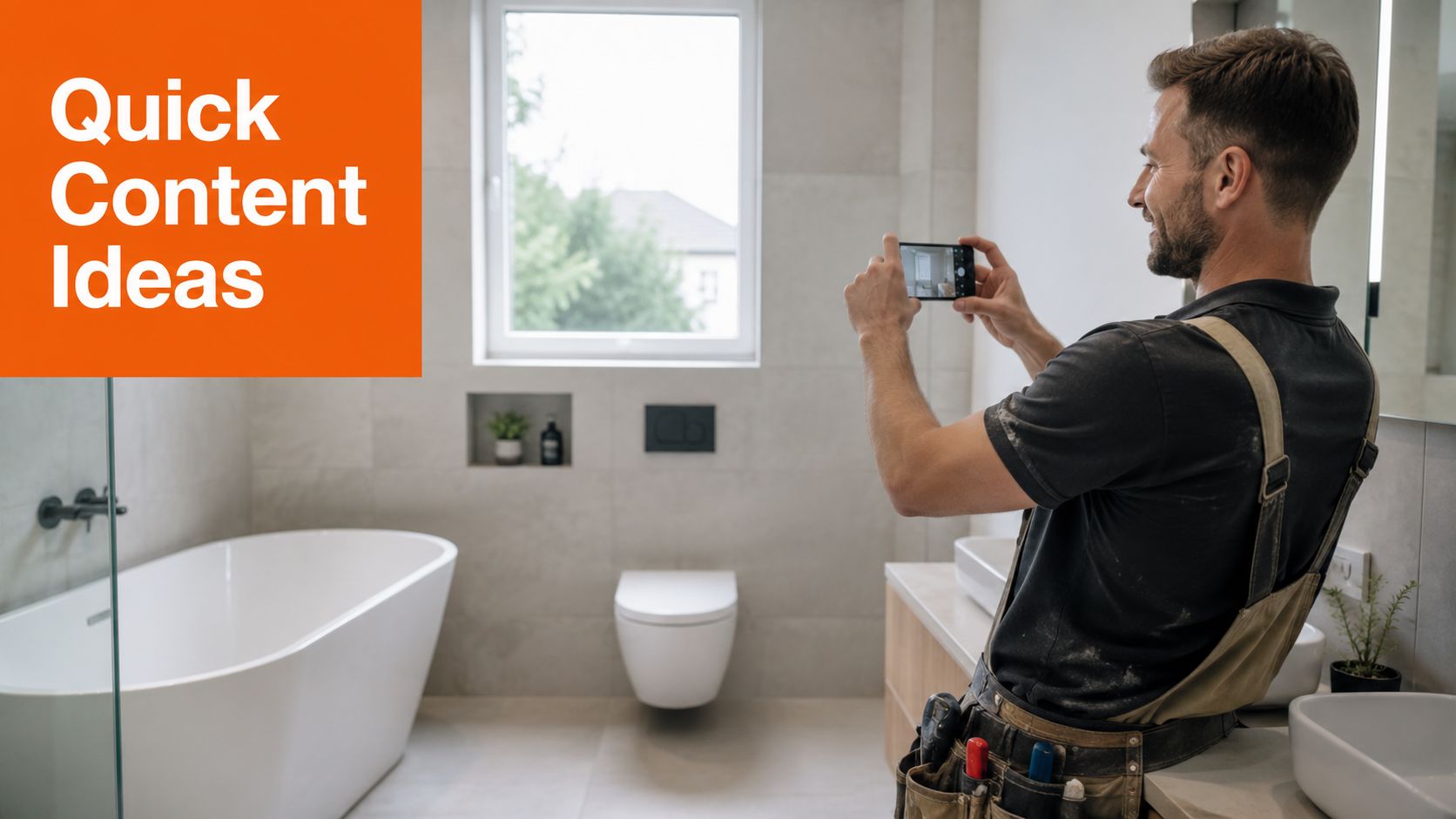 A professional tradesman taking a photo of a modern remodeled bathroom with his smartphone for social media content.
