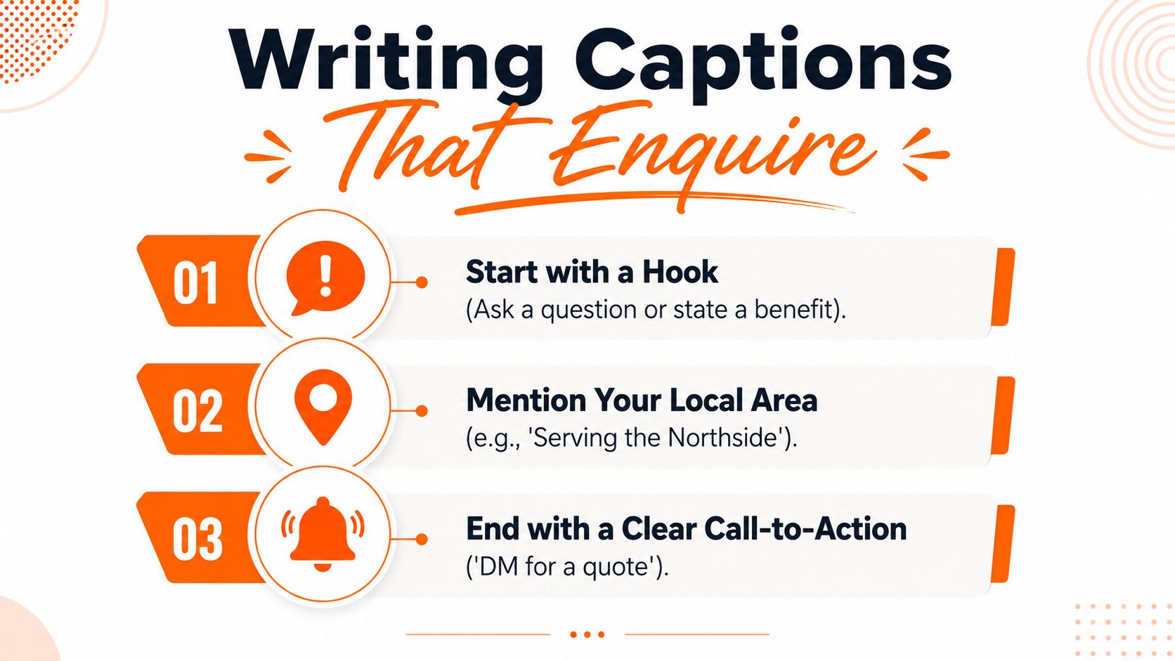 An infographic titled Writing Captions That Enquire, outlining three steps for writing effective social media captions.