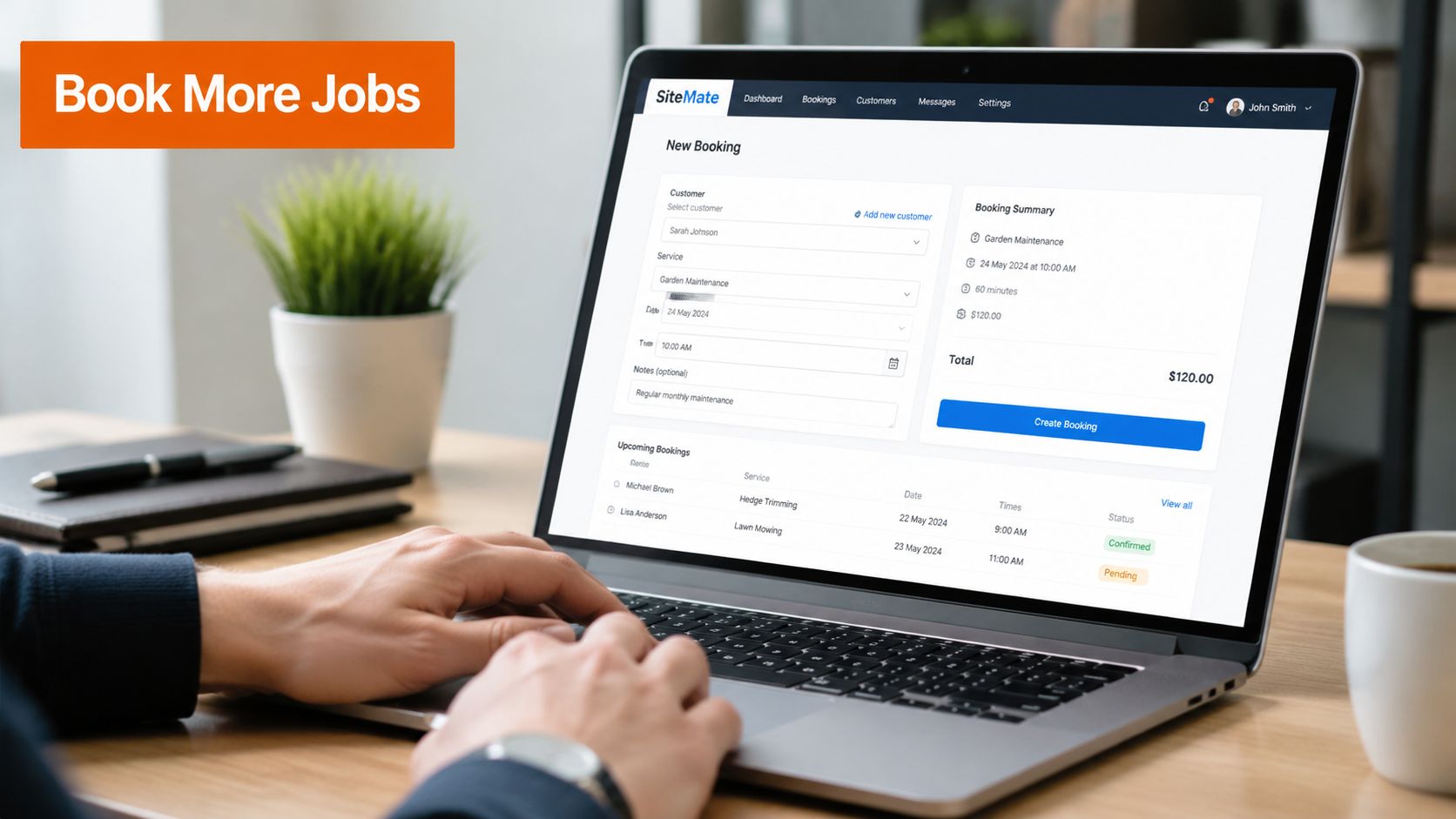 A person using a laptop to schedule a new job on the SiteMate service booking software platform.