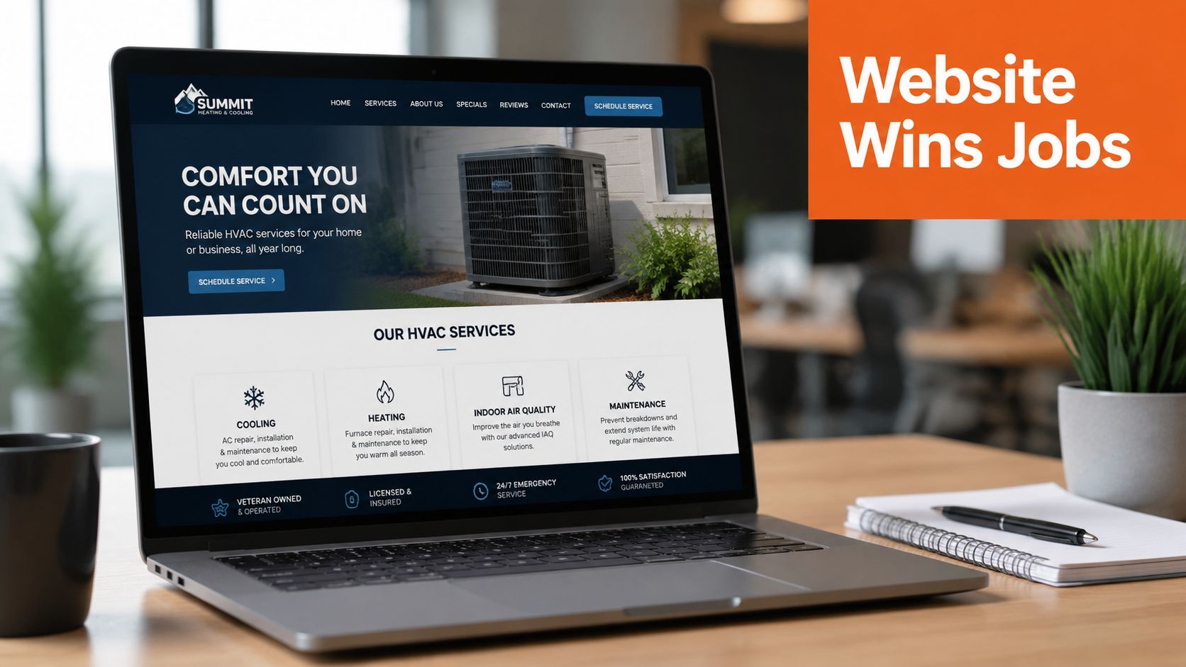 A modern laptop displaying a professional HVAC contractor website design on a wooden office desk.