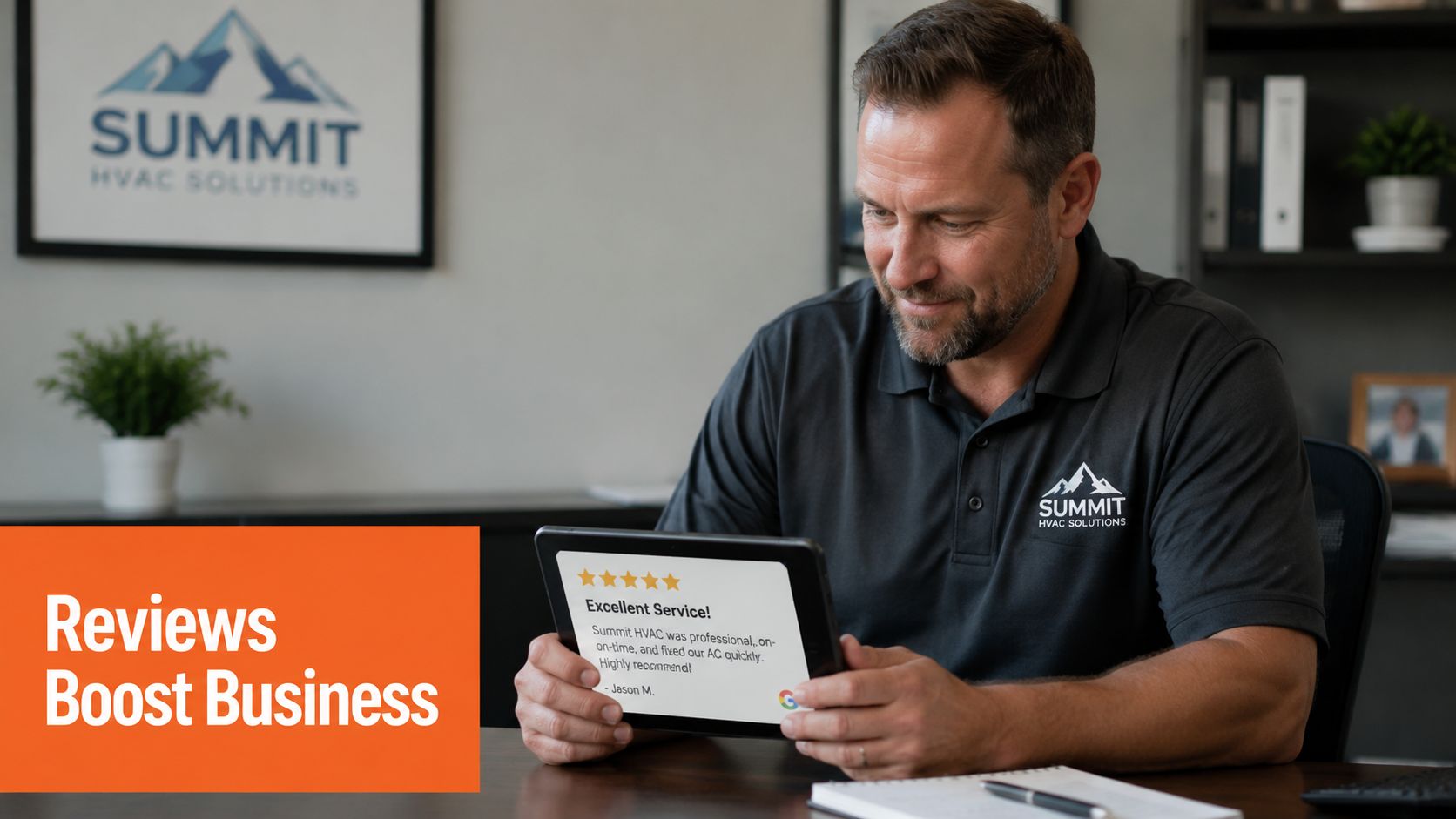 A professional HVAC contractor holding a tablet displaying a positive five-star customer review in an office.