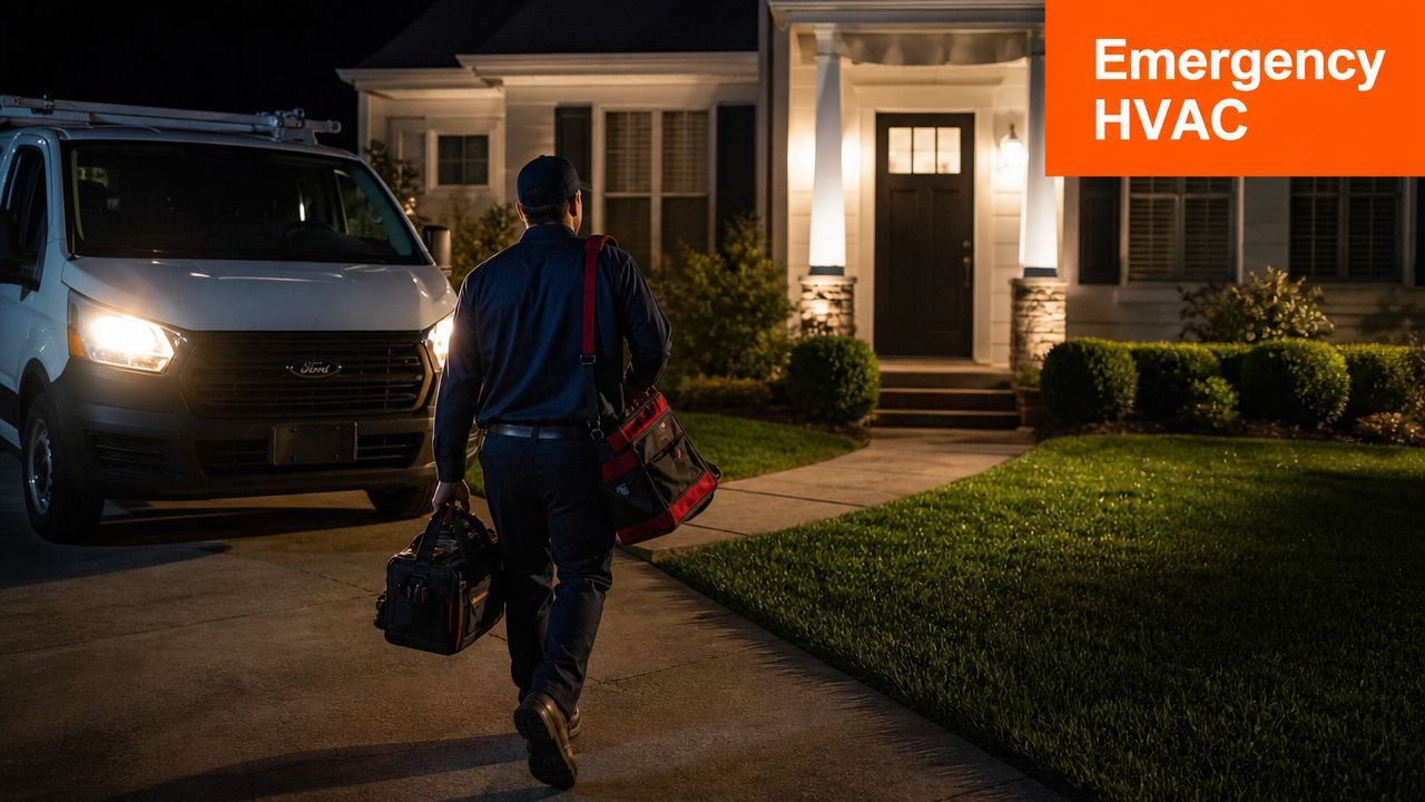 An HVAC technician walking towards a house with his tools for an emergency repair at night.