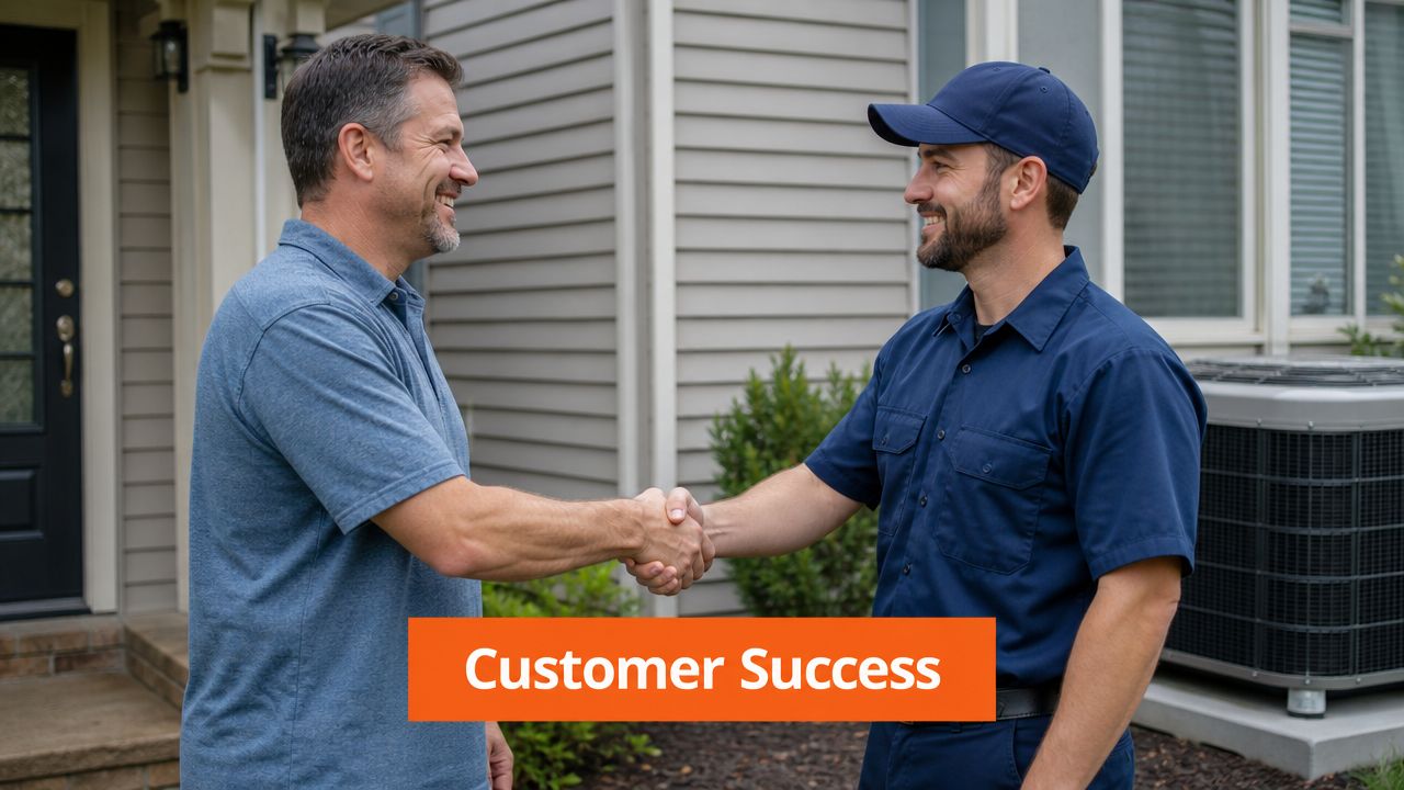 A friendly home technician and a happy customer shaking hands in front of a residential home.