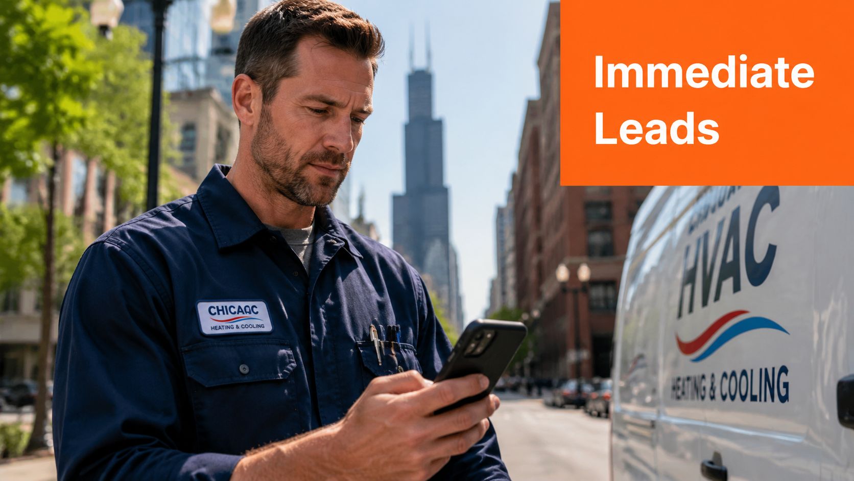 A professional HVAC technician checking a mobile phone in front of a Chicago skyline and work van.