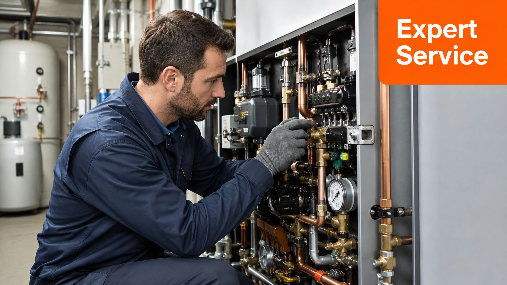 A professional technician in workwear servicing an industrial HVAC heating system with precision equipment.