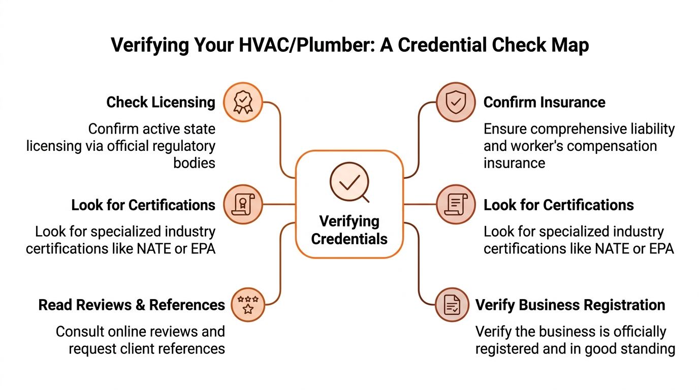 A diagram outlining key steps for verifying credentials of HVAC professionals and plumbers before hiring them.