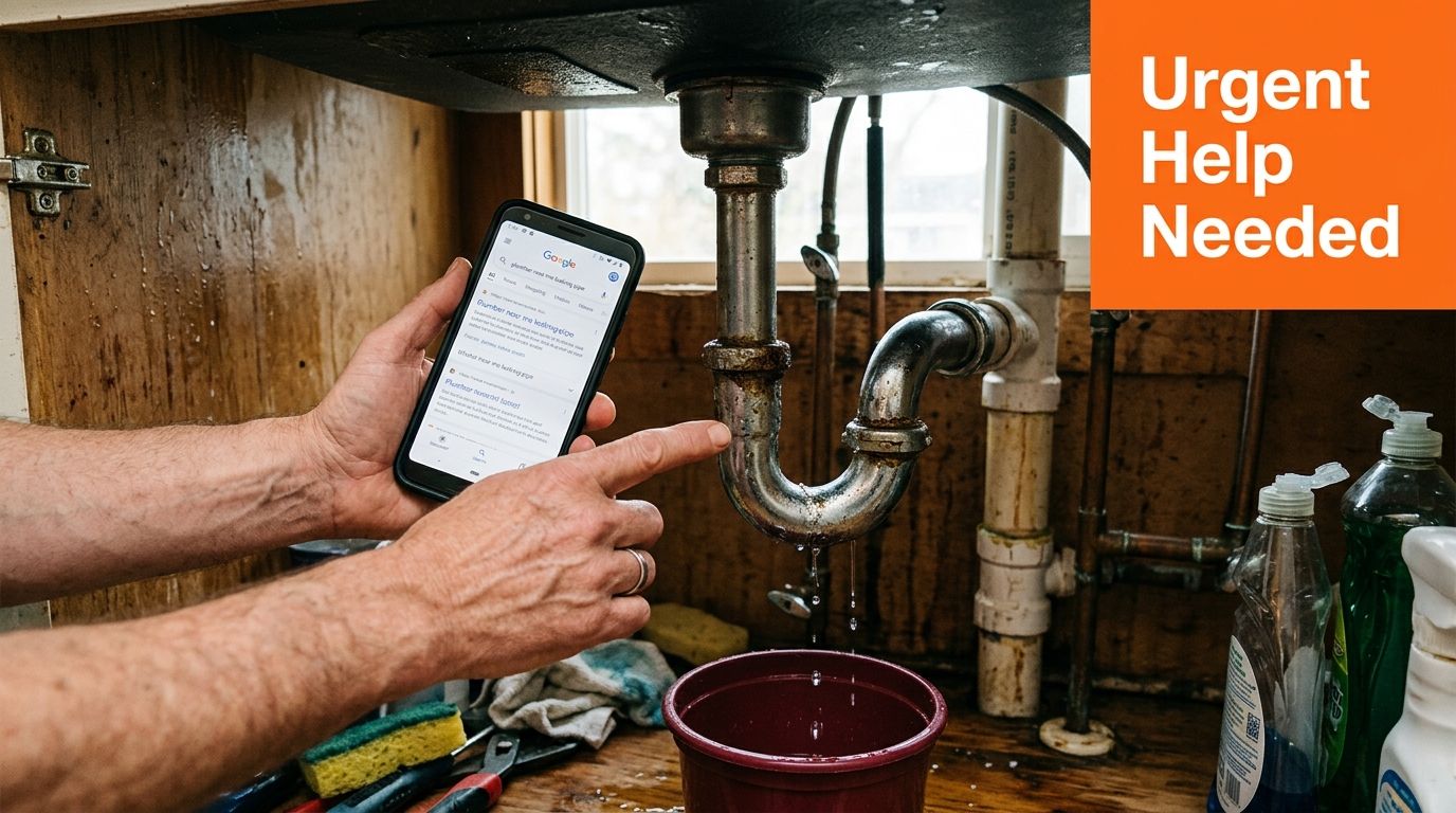 A person using a smartphone to search for a plumber while fixing a leaking kitchen sink pipe.