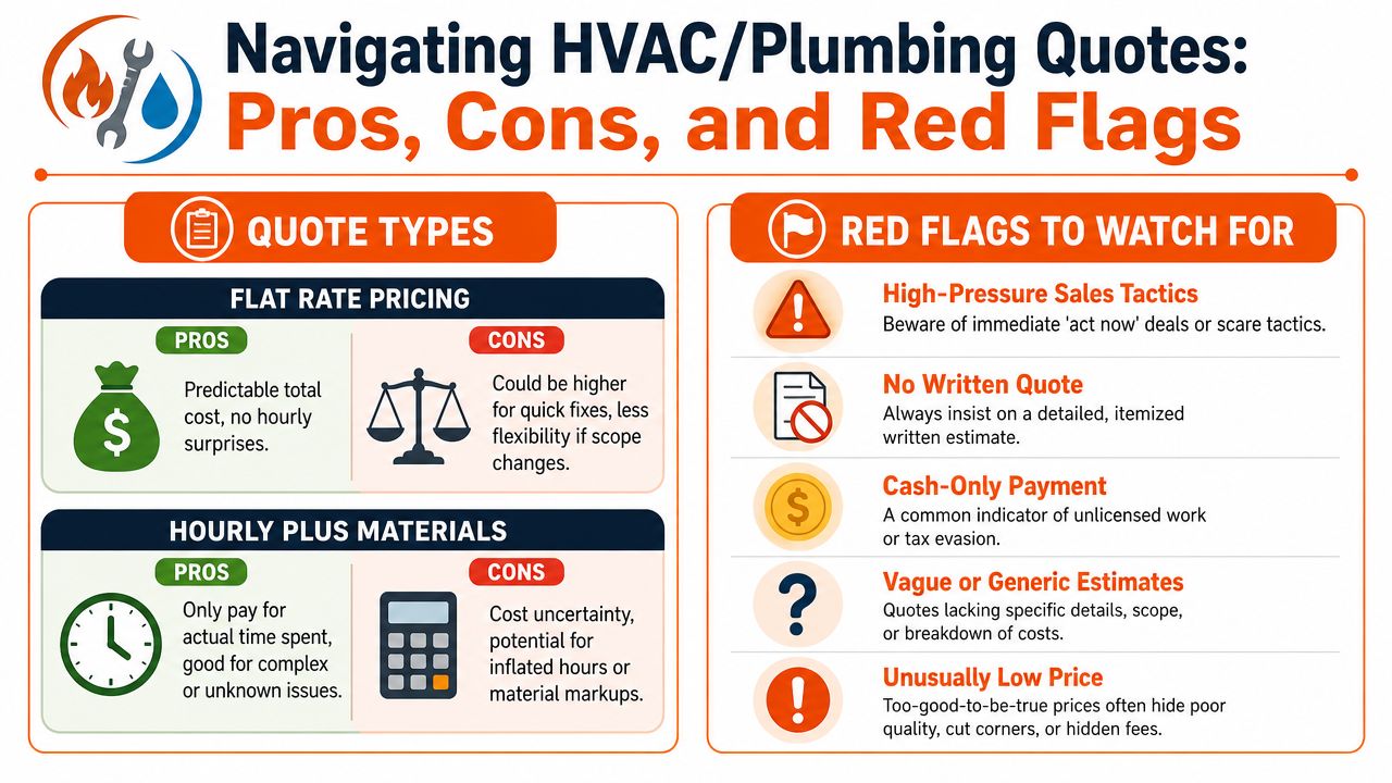An informative infographic detailing the pros, cons, and red flags when comparing flat rate and hourly plumbing quotes.