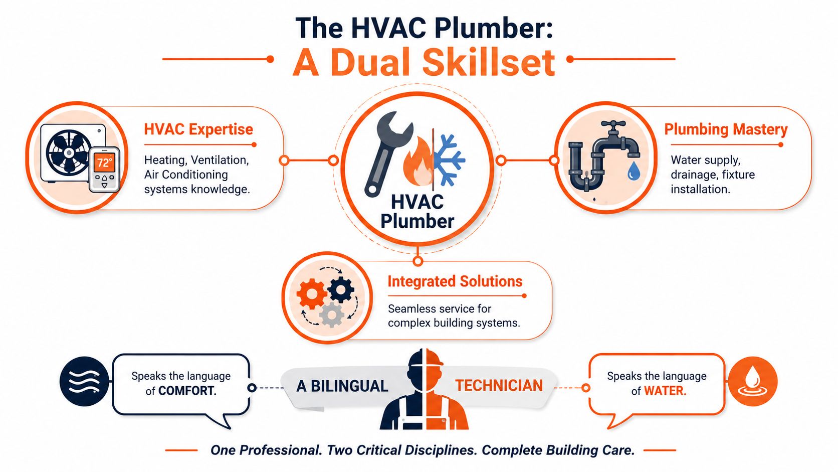 A dual skillset infographic detailing the role of an HVAC plumber as a combined professional technician.