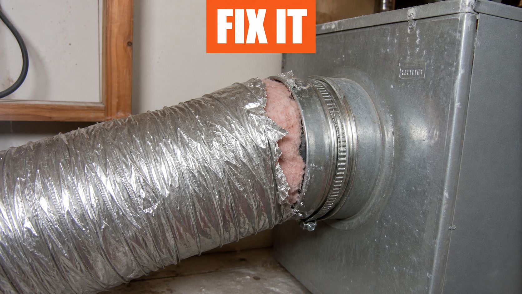 A disconnected insulated flexible duct attached to a metal HVAC start collar on a furnace unit.