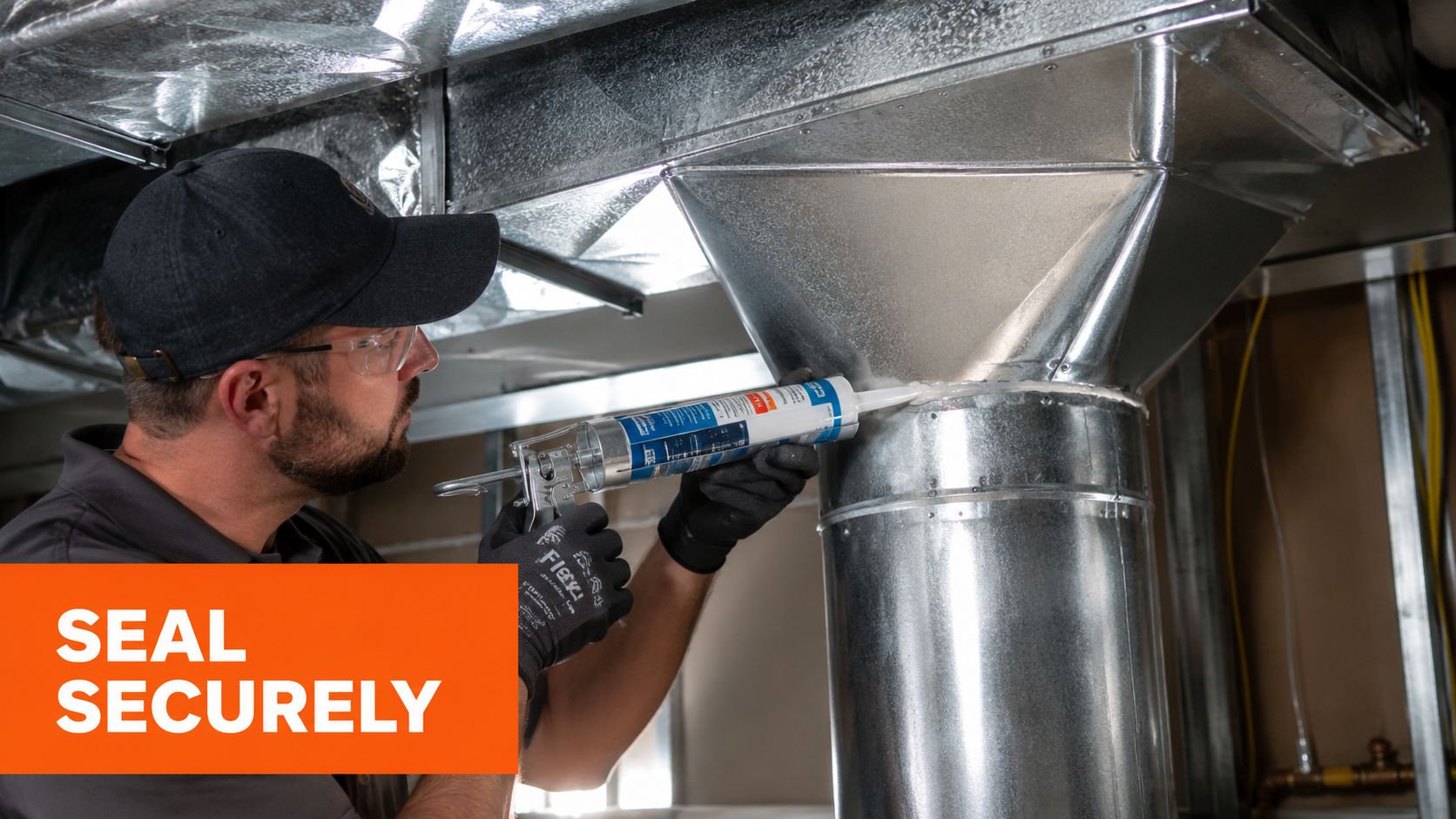 A professional technician wearing safety gear applies sealant to an HVAC start collar joint using a caulking gun.