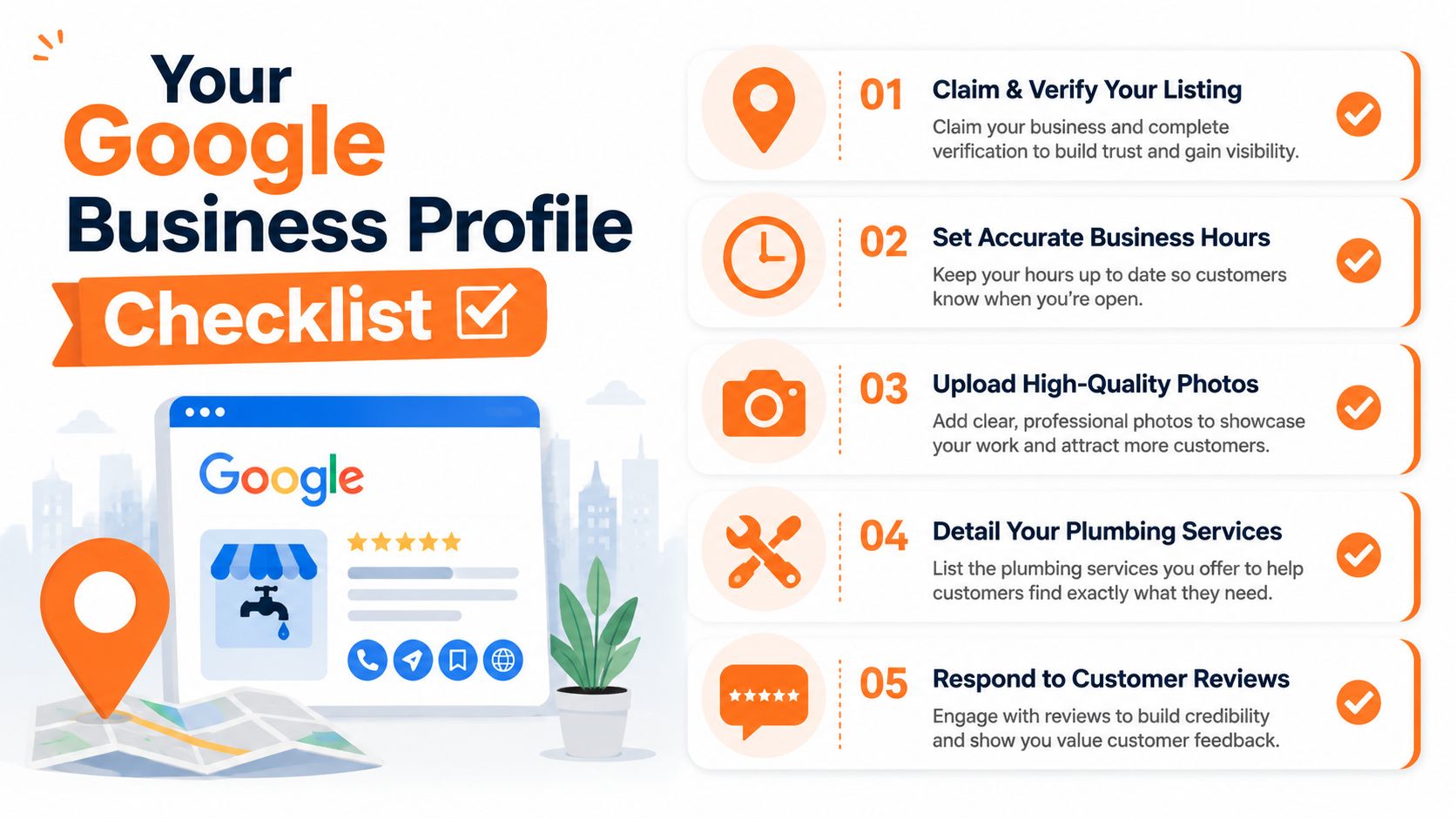 A checklist infographic detailing five essential steps to optimize a local plumber Google Business Profile.
