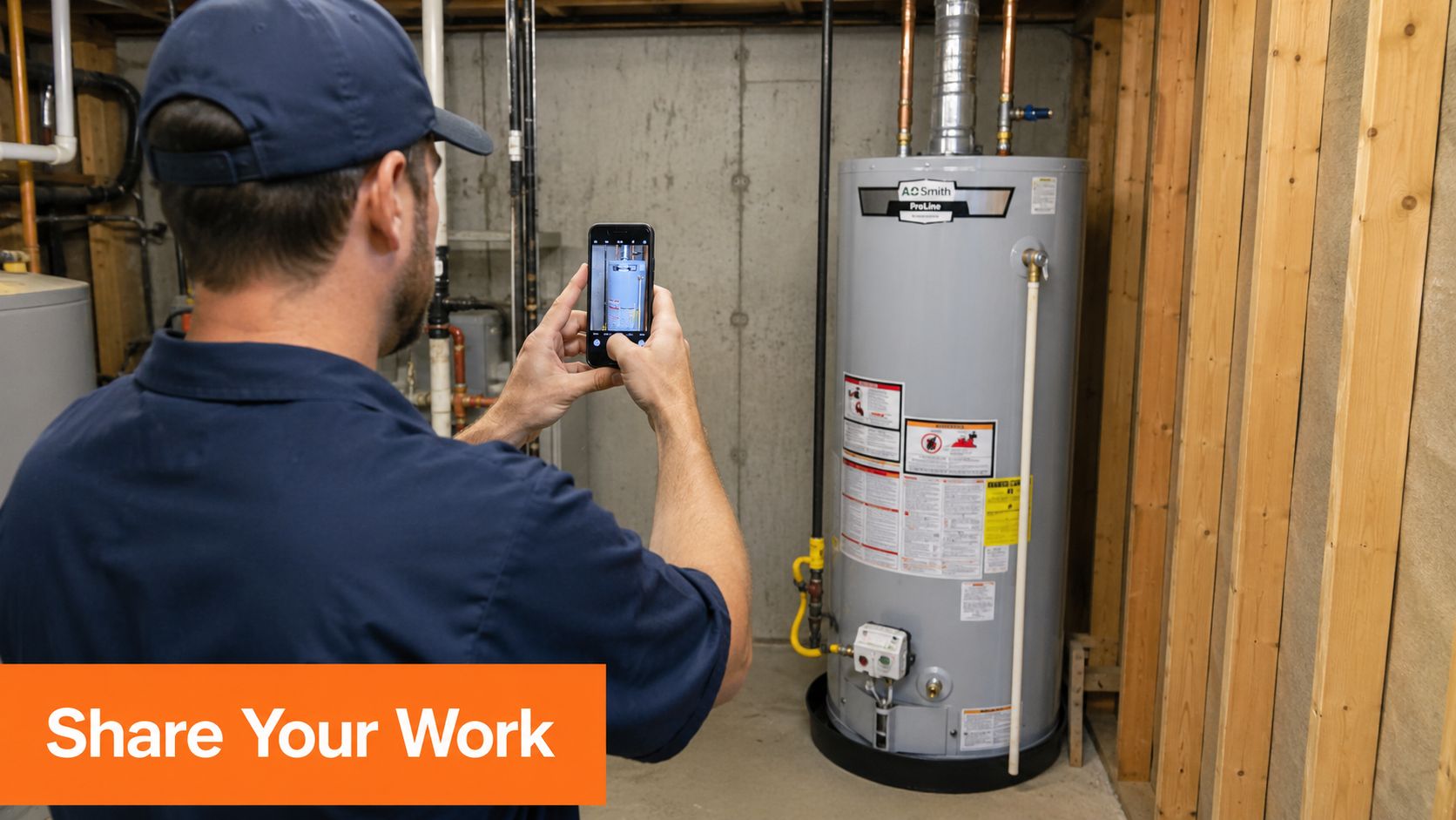 A plumber taking a photo of a residential water heater for inspection documentation in a basement.