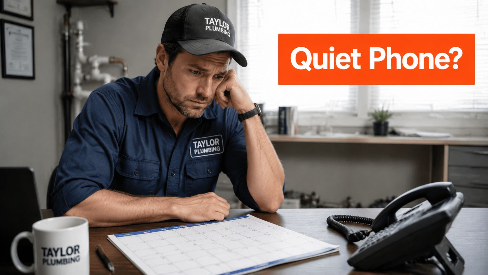 A concerned plumber in a branded shirt sitting at his desk looking at an empty business calendar.