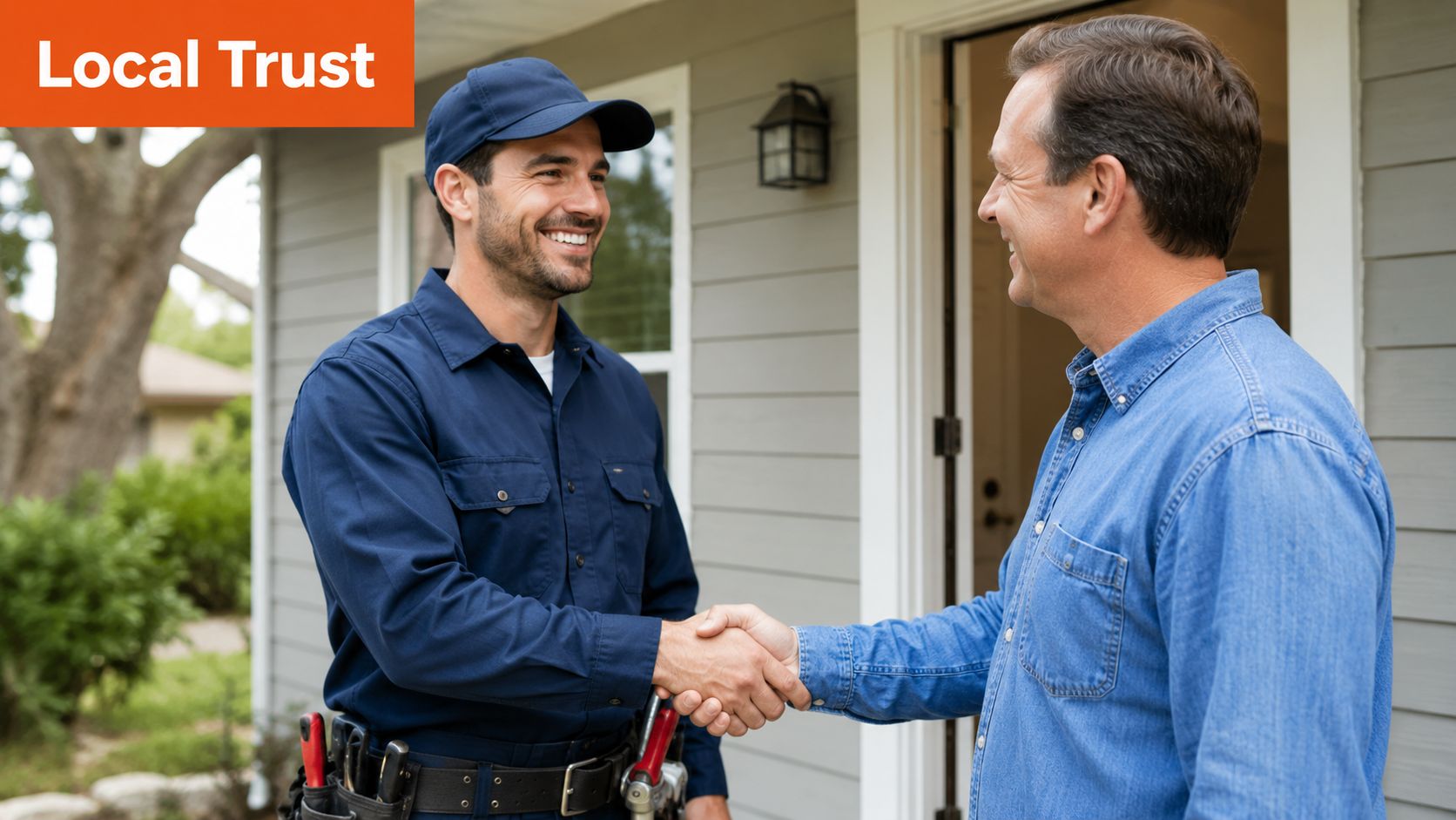 A friendly plumber wearing a uniform shaking hands with a happy homeowner in front of a house.