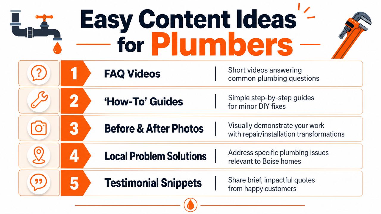 An infographic titled Easy Content Ideas for Plumbers featuring five simple marketing strategies for plumbing businesses.