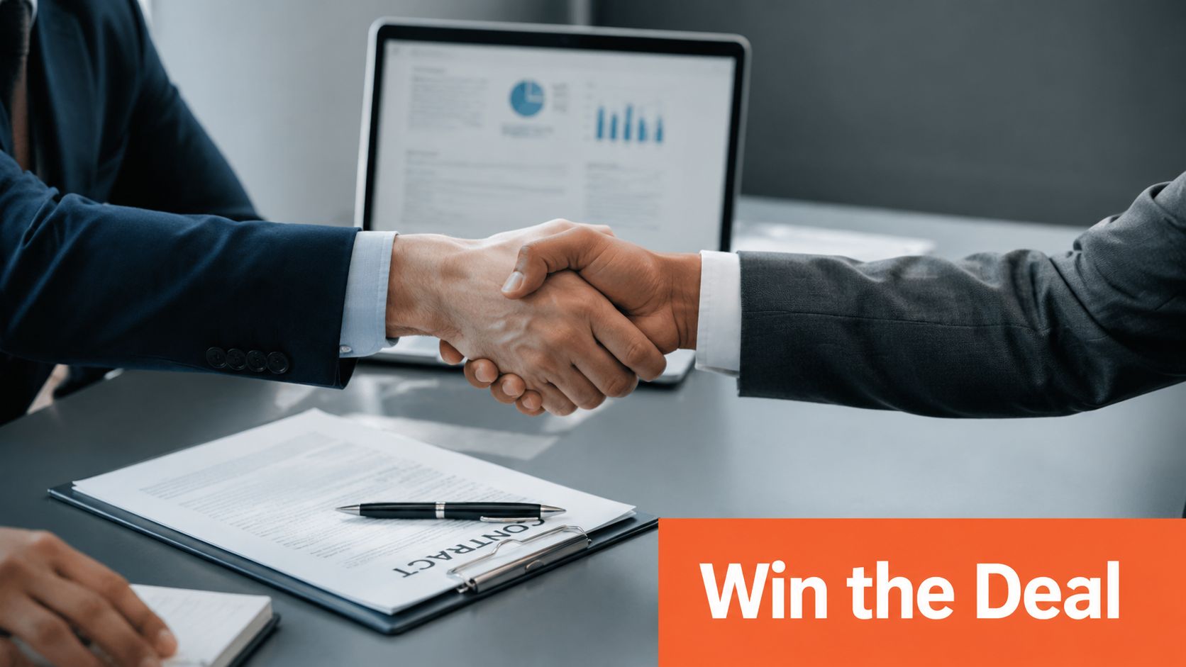 Two business partners shaking hands over a contract with a laptop in the background.