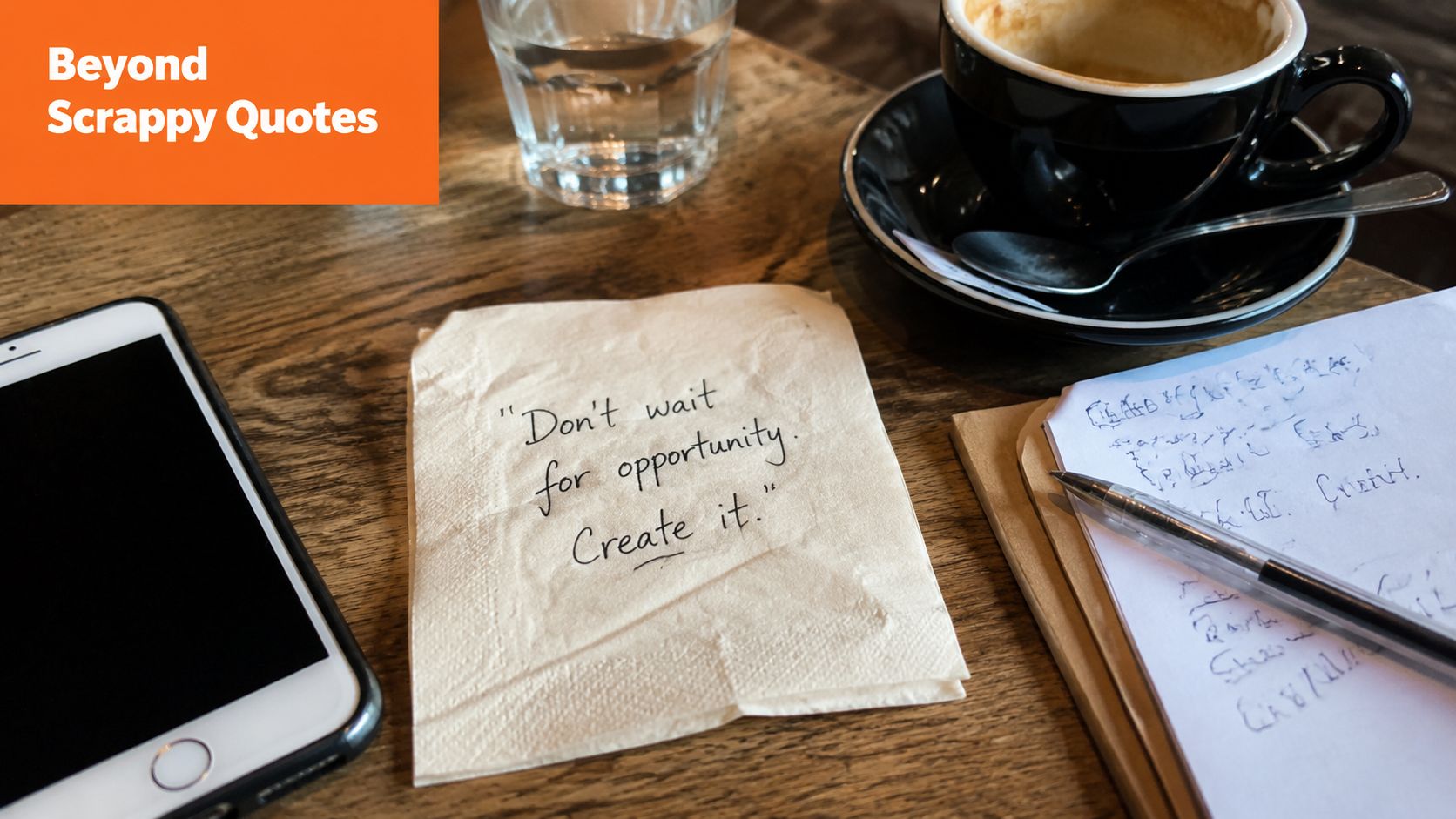 A napkin on a wooden table with the quote Don't wait for opportunity. Create it.