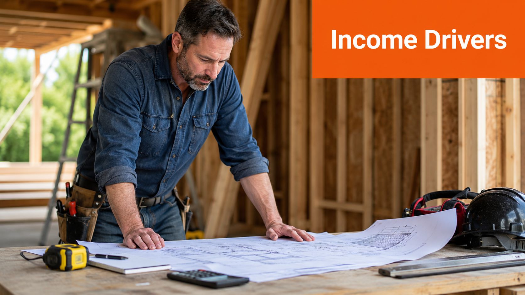 A male general contractor reviewing construction blueprints on a job site with tools and a calculator nearby.