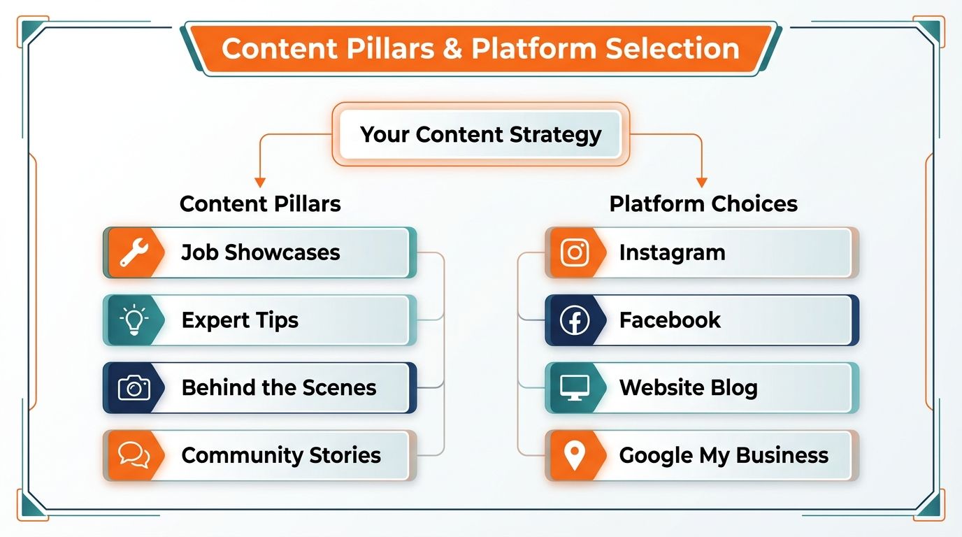A diagram outlining a small business content strategy with specific content pillars and marketing platform choices.