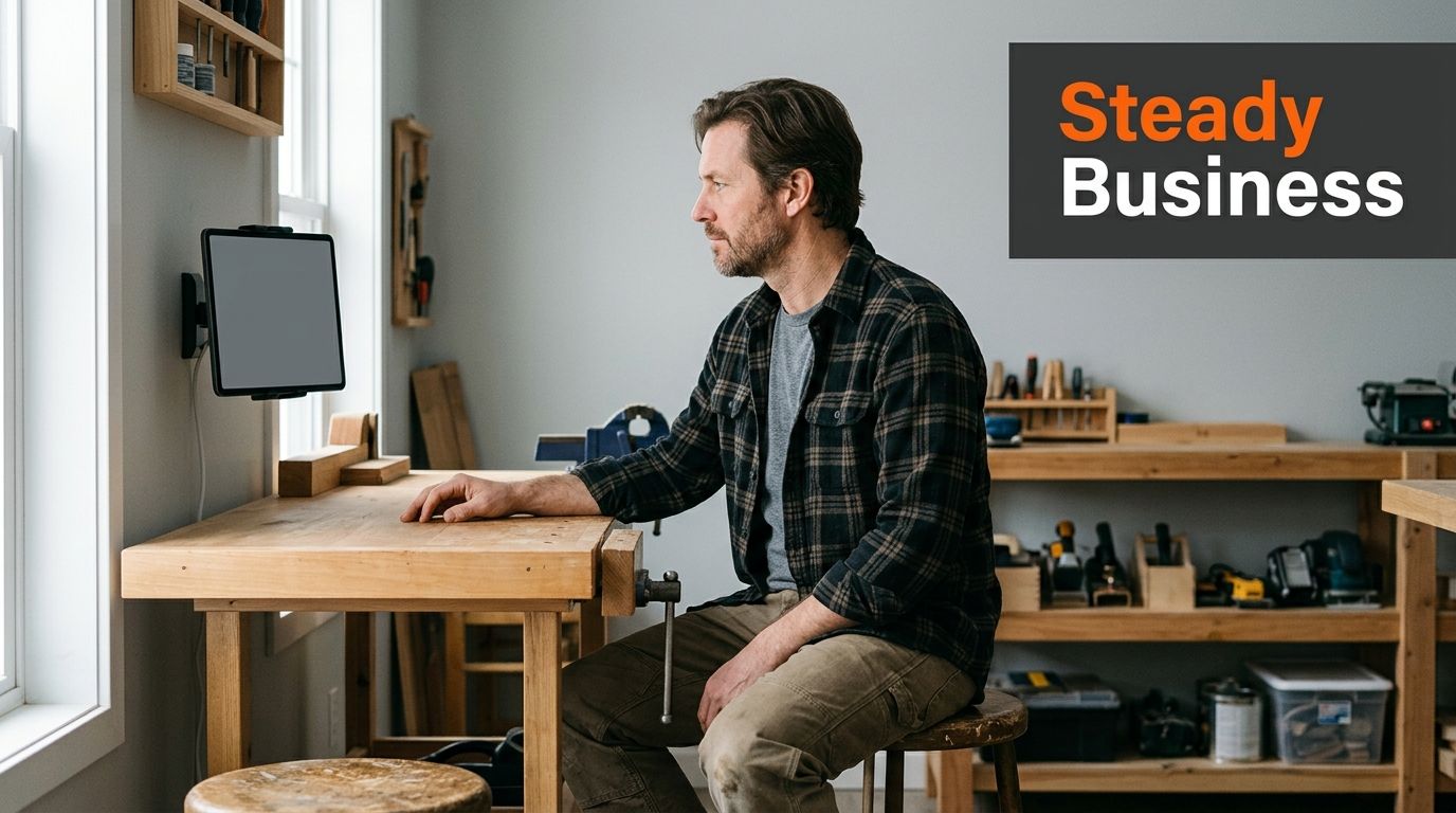A craftsman working on his digital content strategy while sitting at a wooden workbench in his workshop.